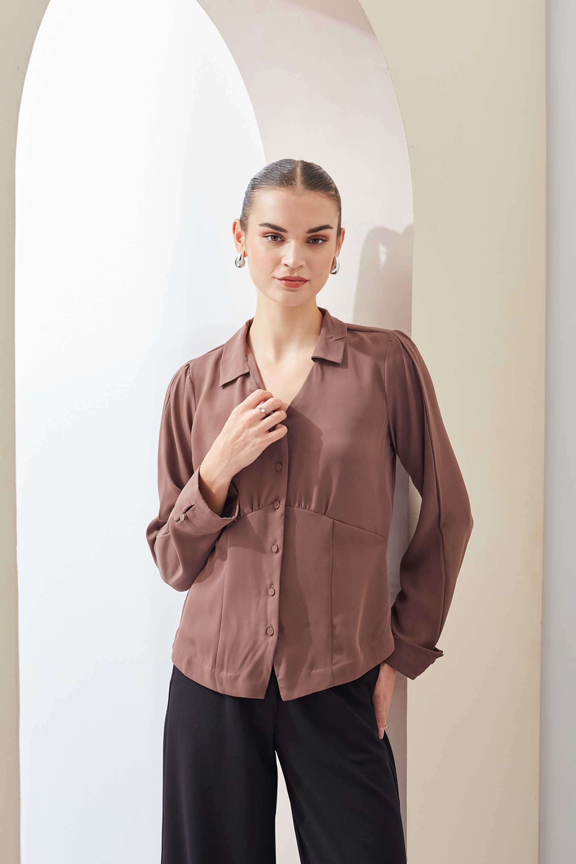 Solid-Collared-Polyester-Women-s-Casual-Wear-Shirt