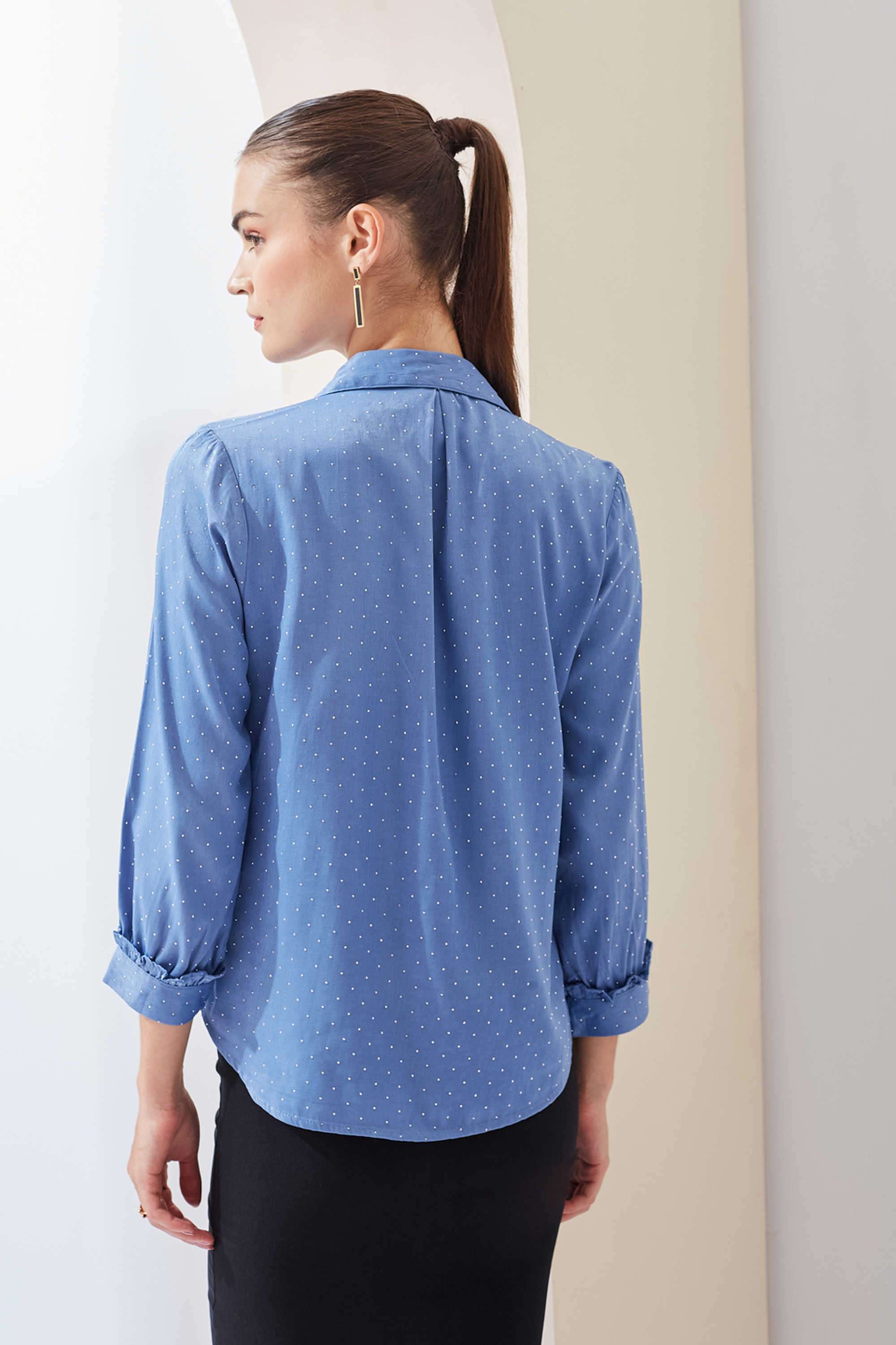 Solid-Blended-Fabric-Collared-Women-Top