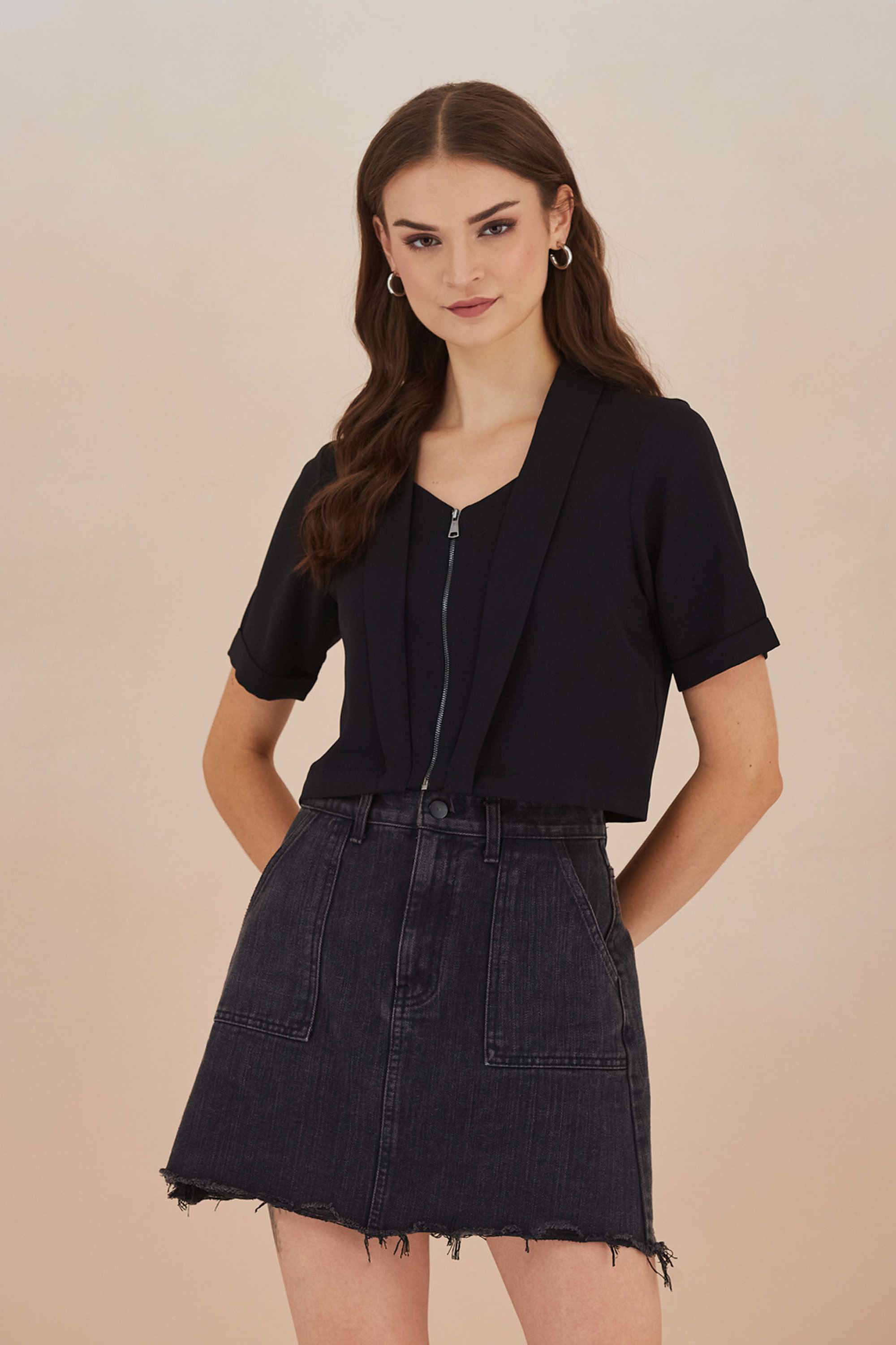 Solid-Polyester-V-Neck-Women-Top