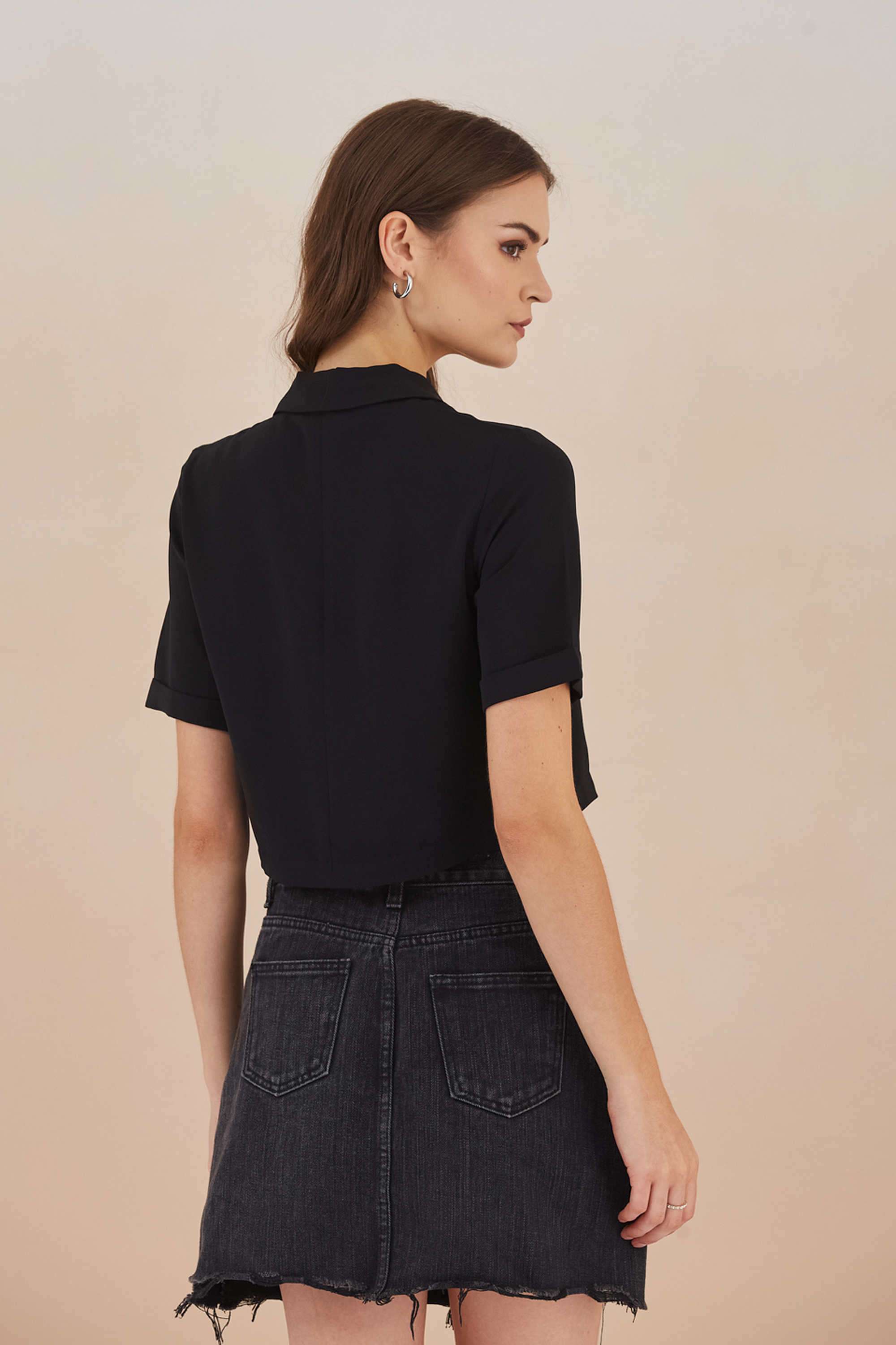 Solid-Polyester-V-Neck-Women-Top