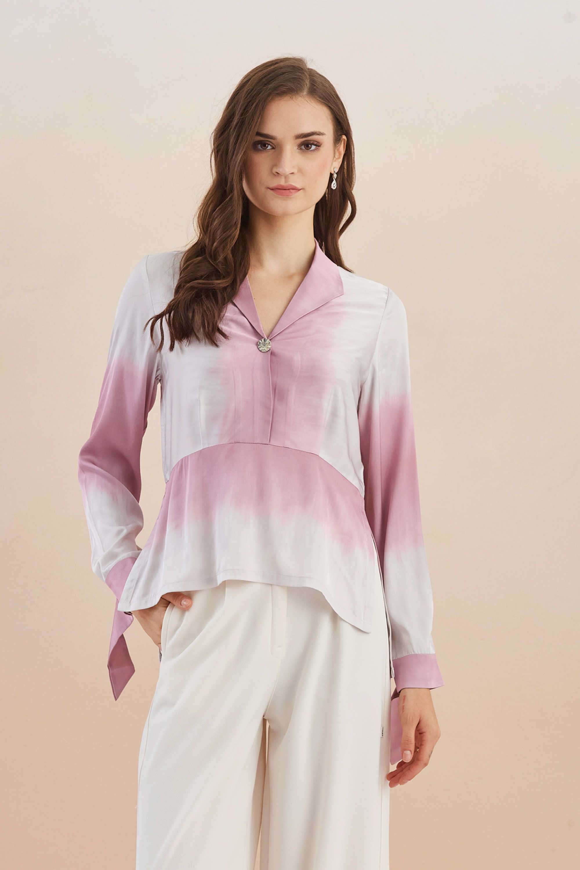 Tie-&-Dye-Polyester-V-Neck-Women-s-Top