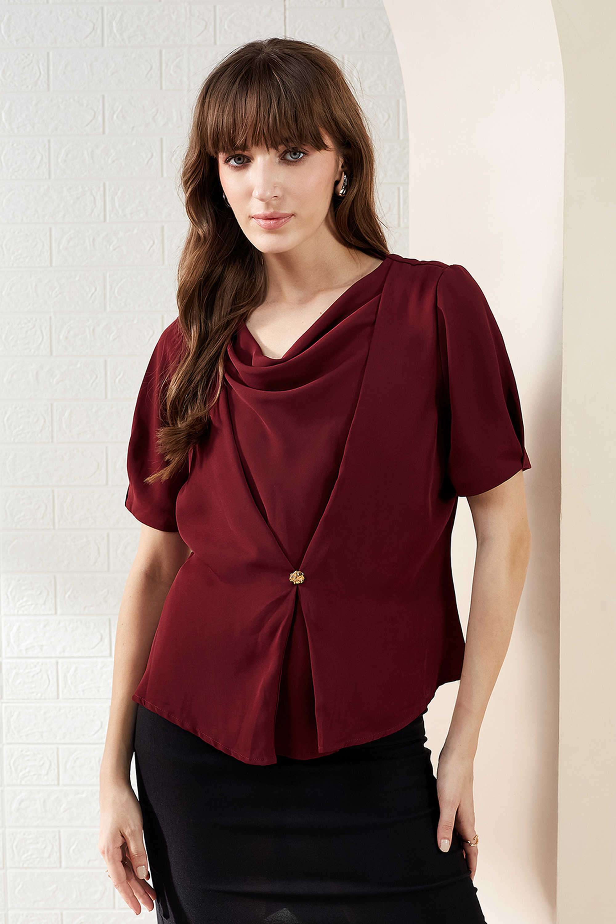 Solid-Polyester-Cowl-Neck-Women-s-Top