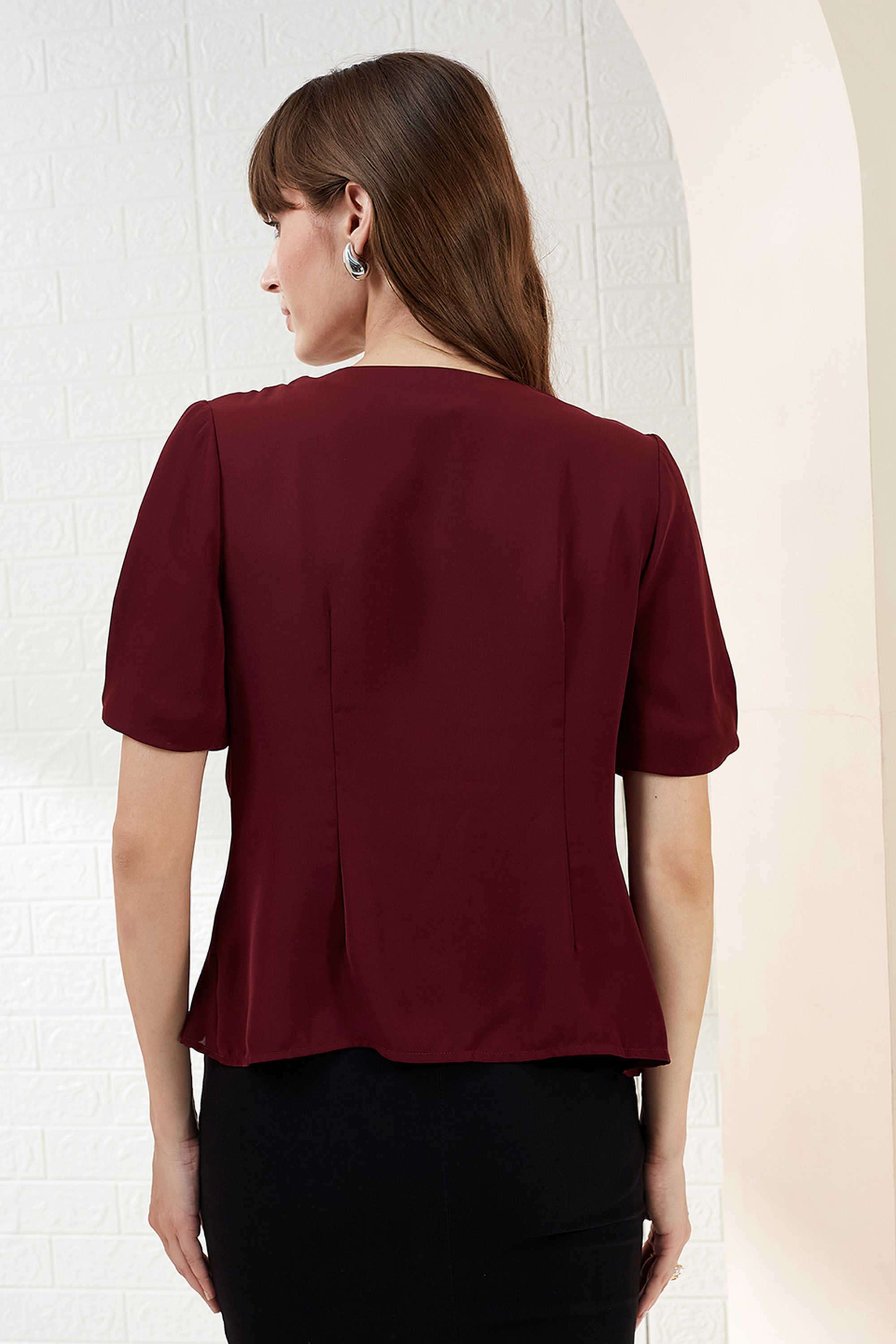 Solid-Polyester-Cowl-Neck-Women-s-Top