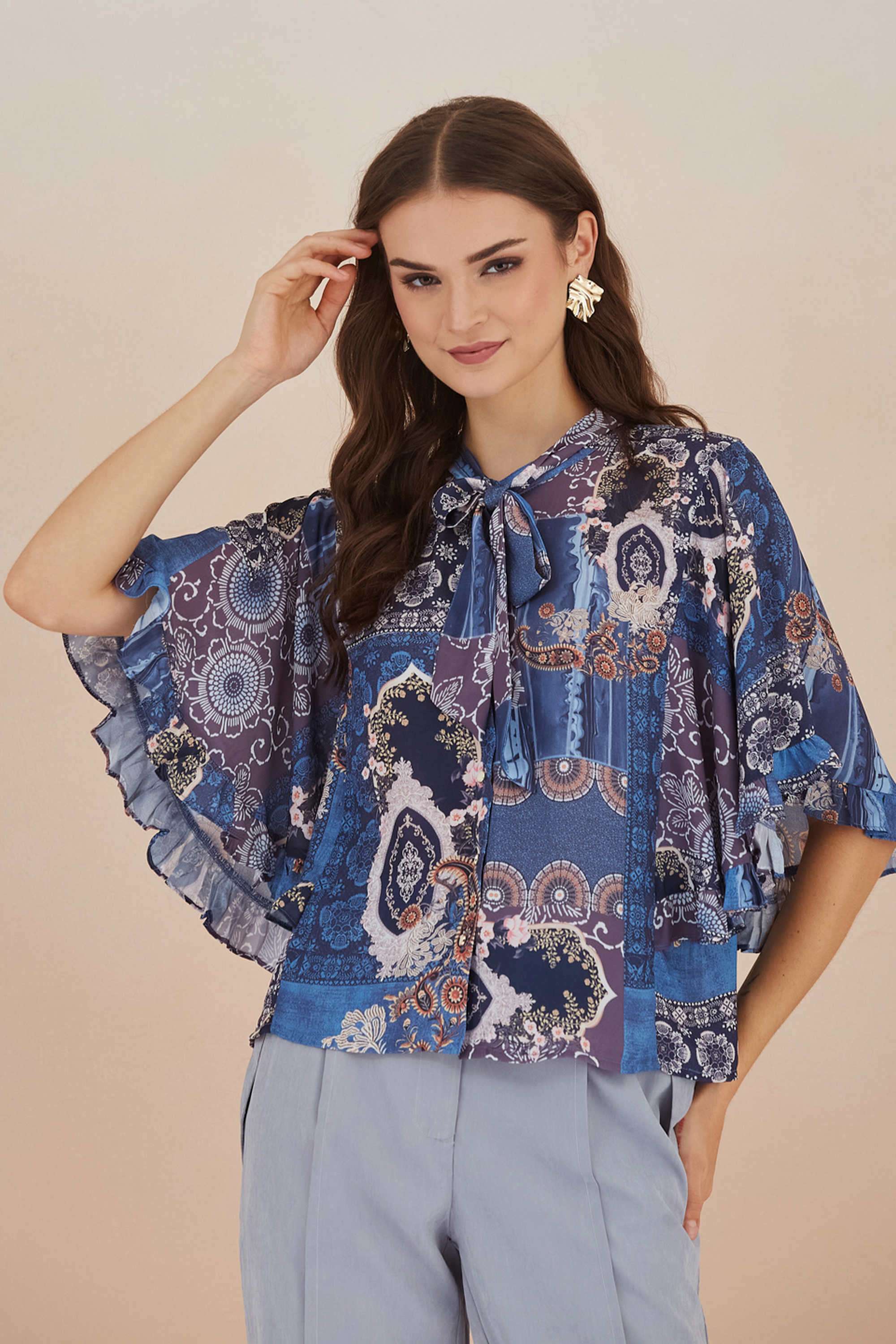 Printed Polyester Tie Up Neck Women Top-image-38