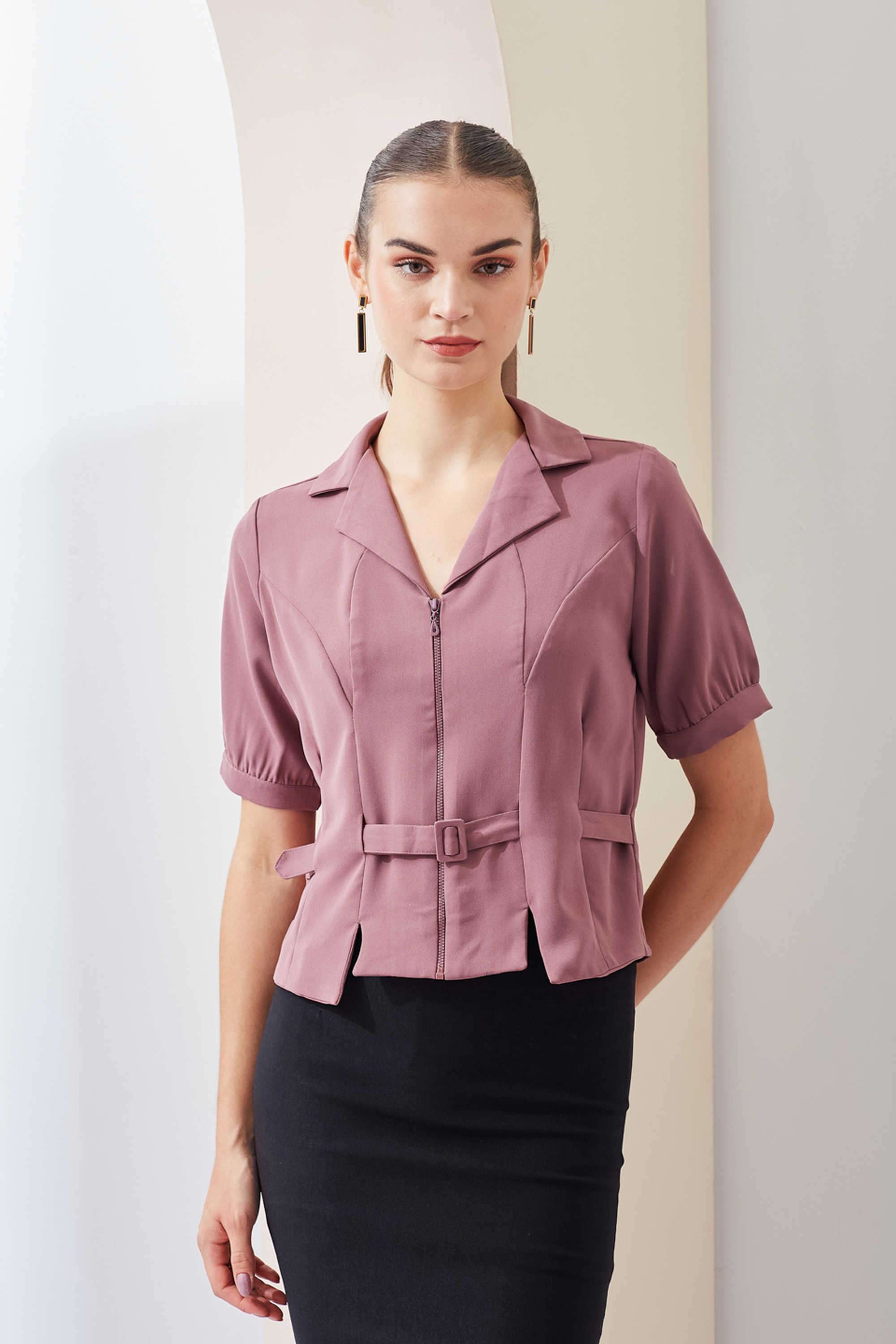 Solid-Collared-Polyester-Women-s-Casual-Wear-Top