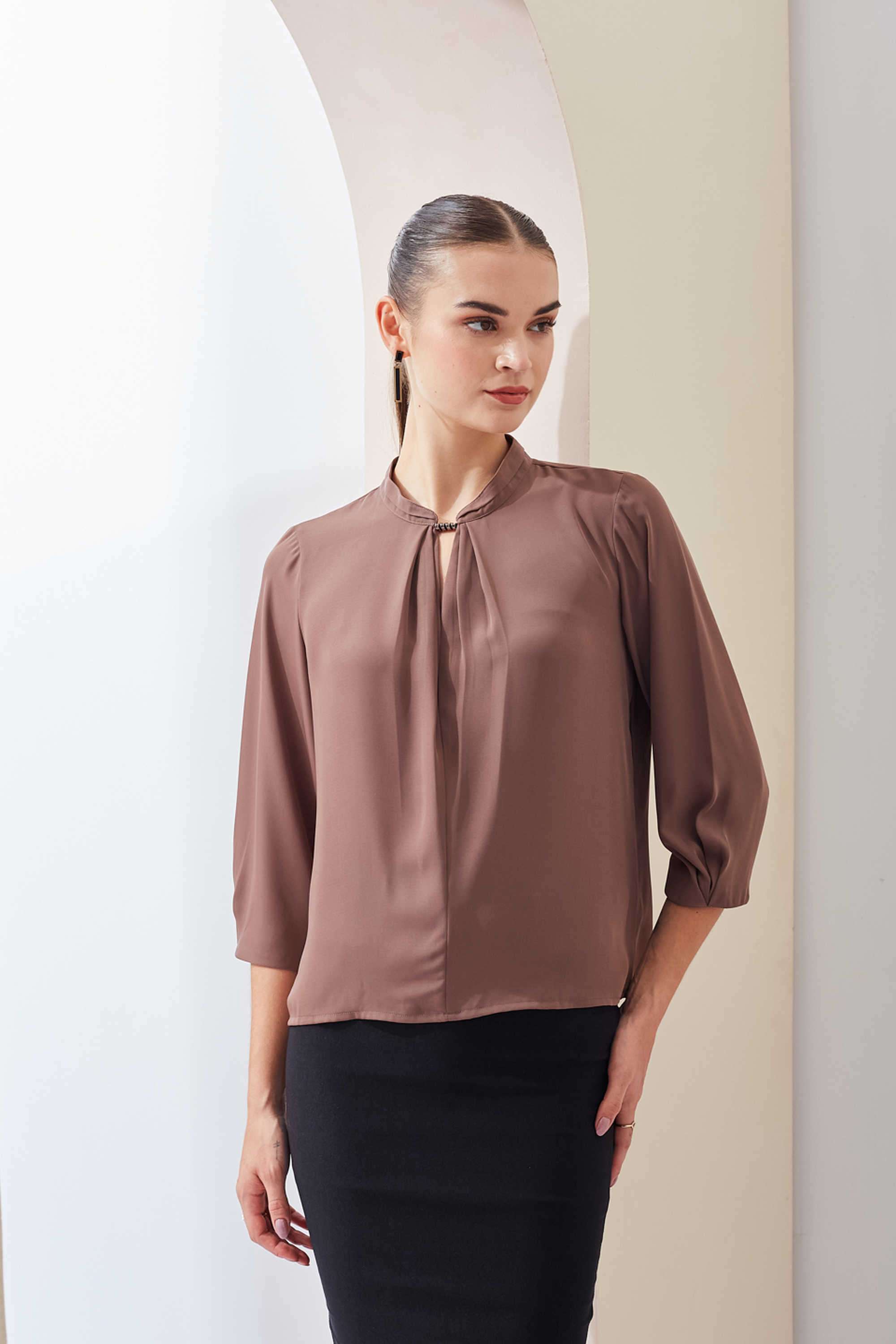 Solid-Round-Neck-Polyester-Women-s-Casual-Wear-Top