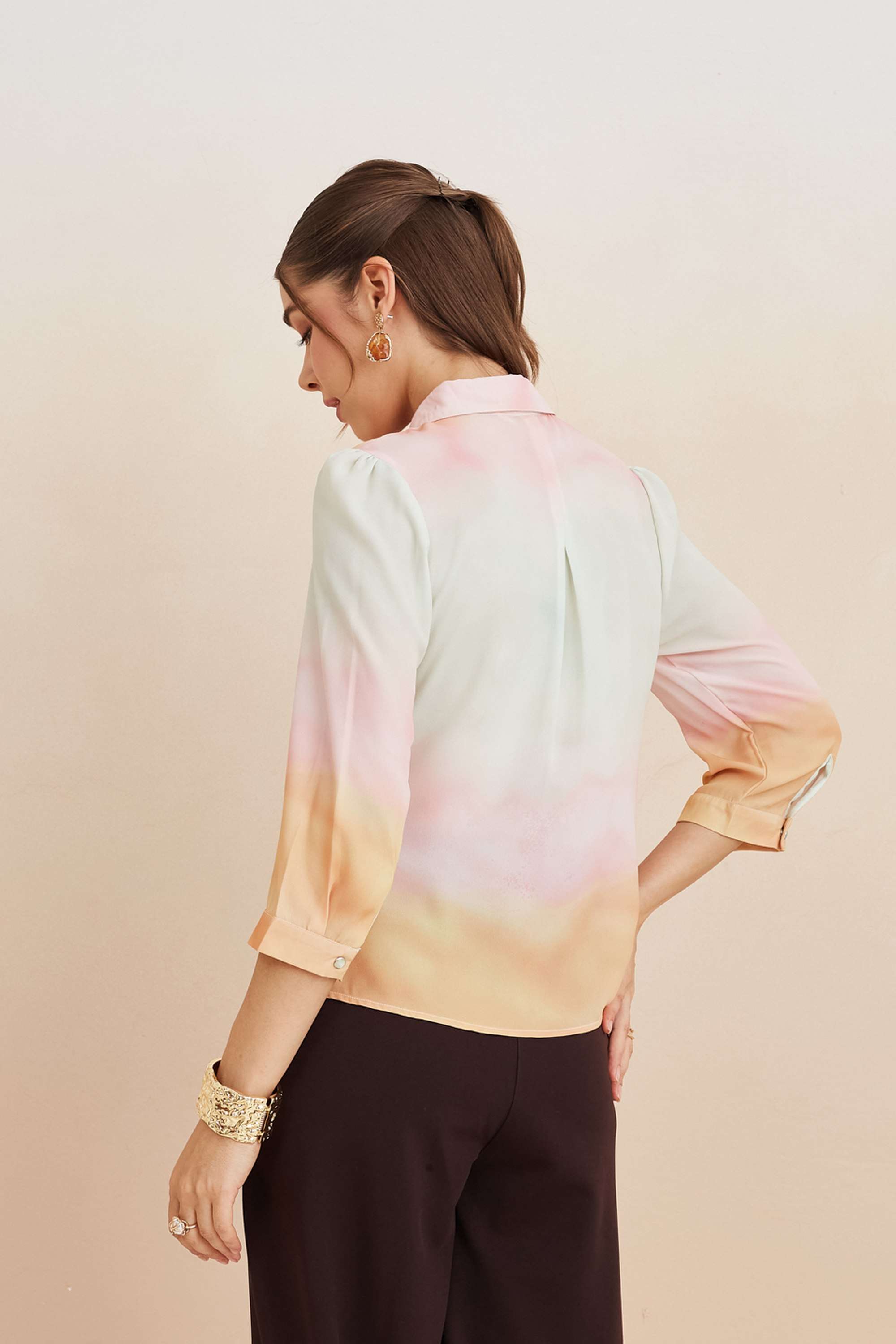 Tie-&-Dye-Polyester-Collared-Women-s-Top