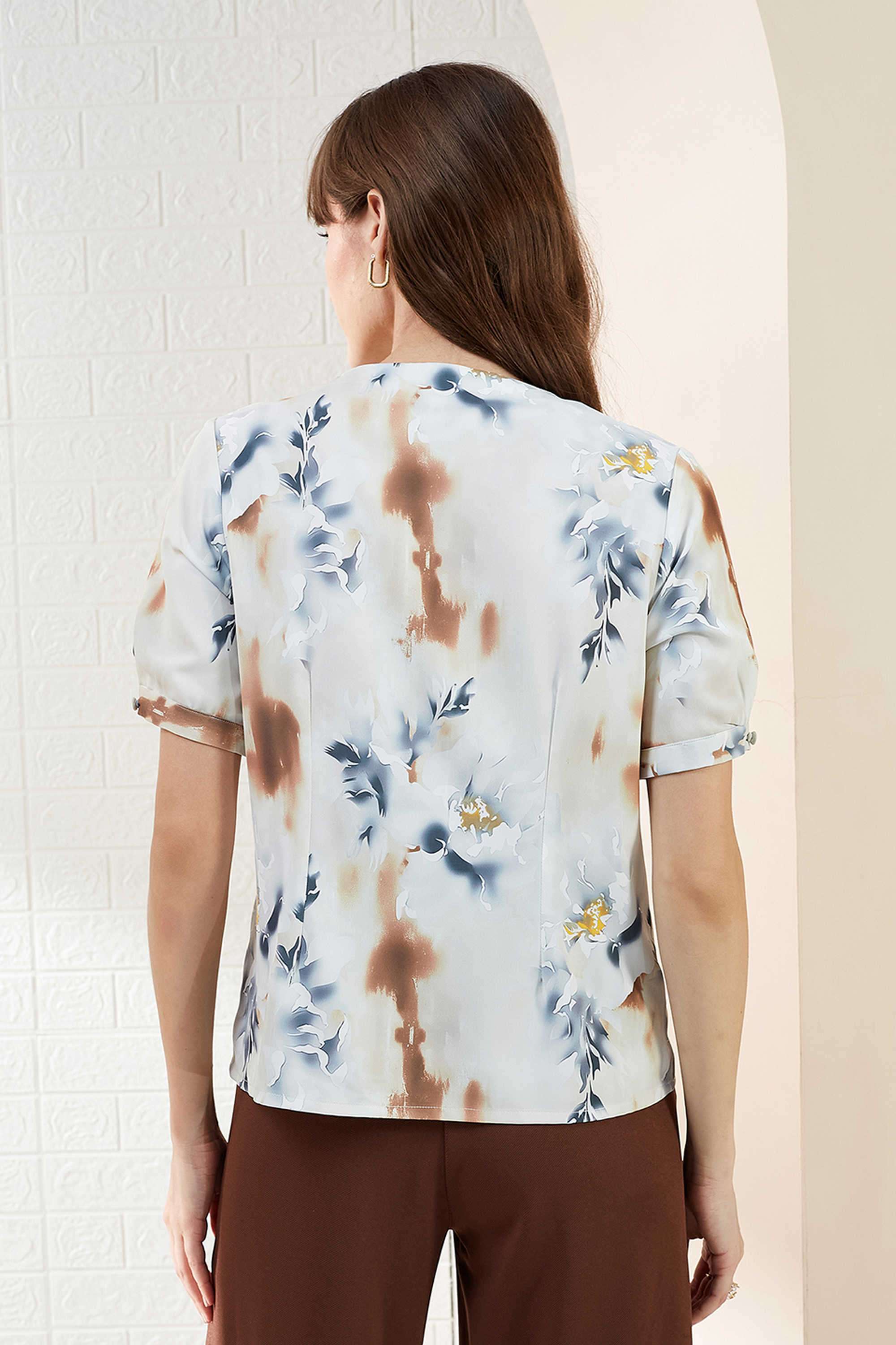 Printed-Polyester-V-Neck-Women-s-Top