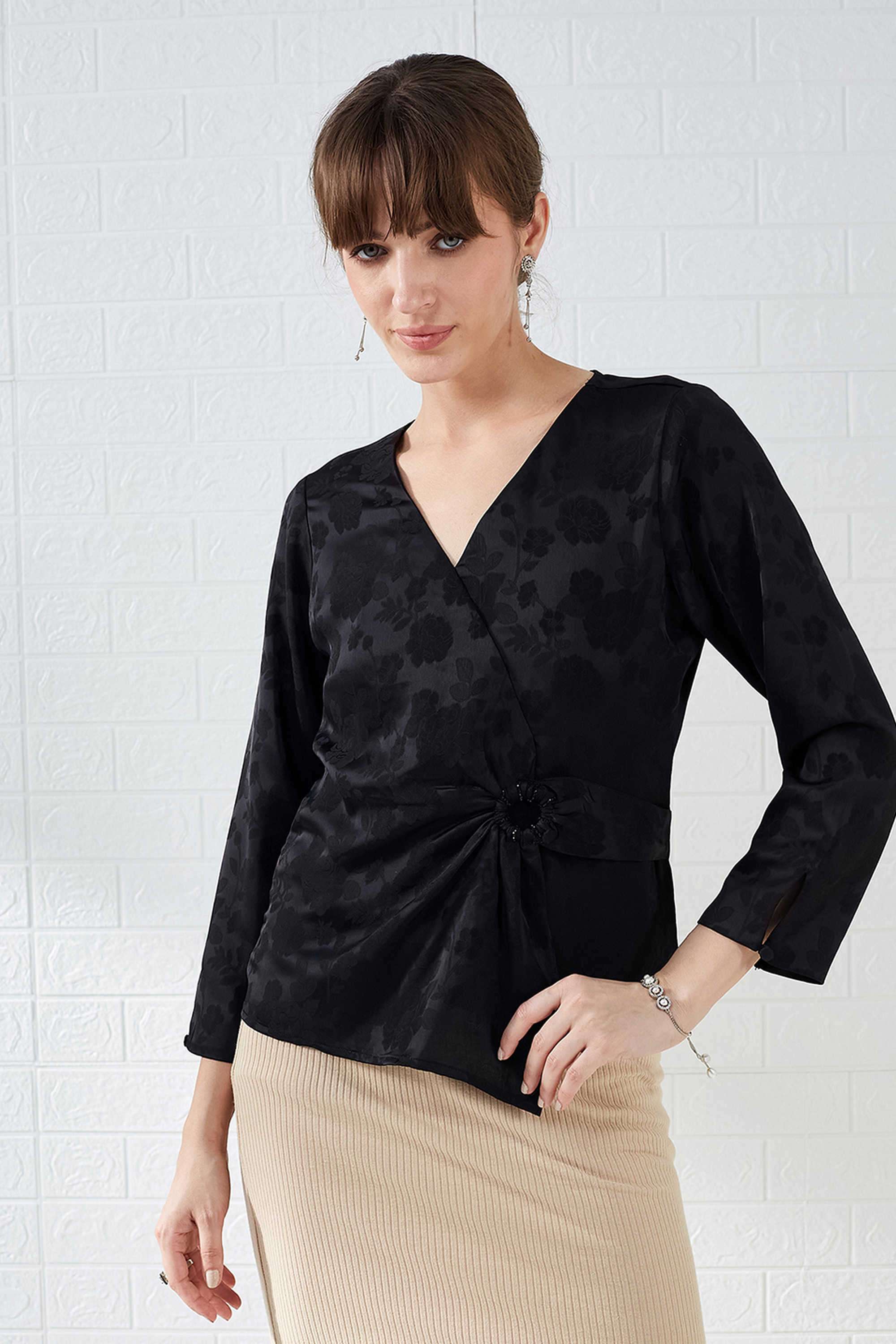 Solid-V-Neck-Polyester-Women-s-Casual-Wear-Top