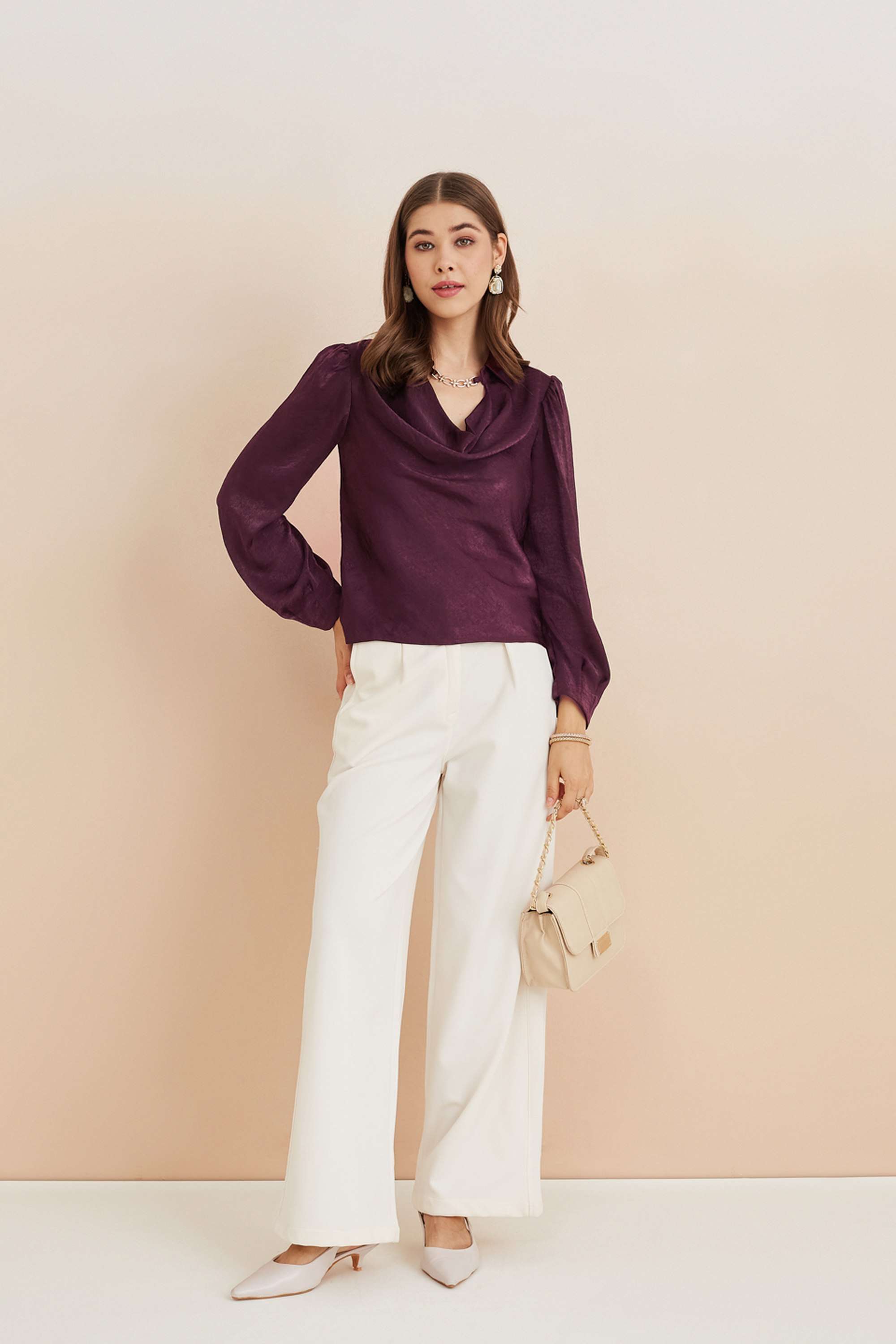 Solid-Polyester-Cowl-Neck-Women-s-Top