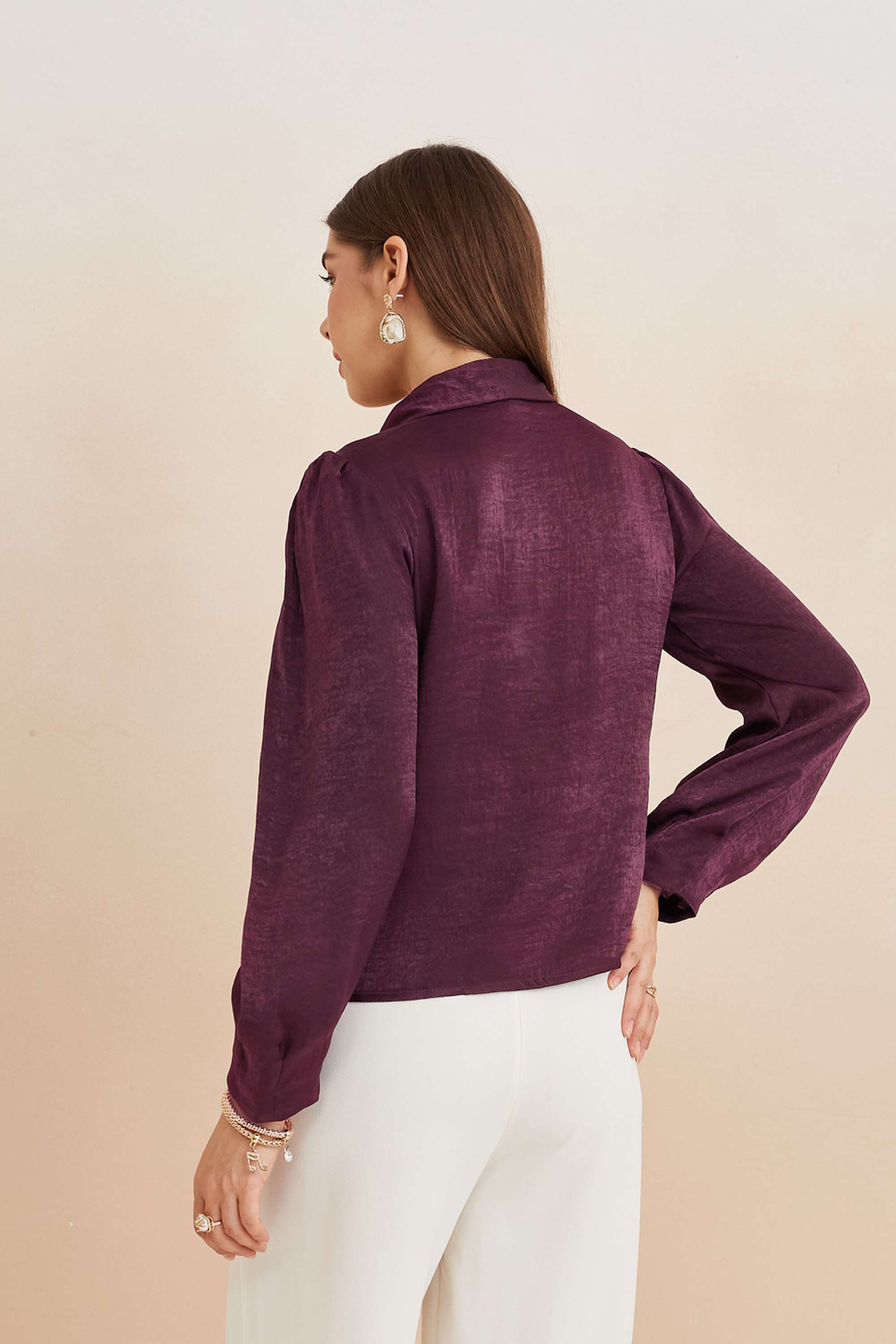 Solid-Polyester-Cowl-Neck-Women-s-Top