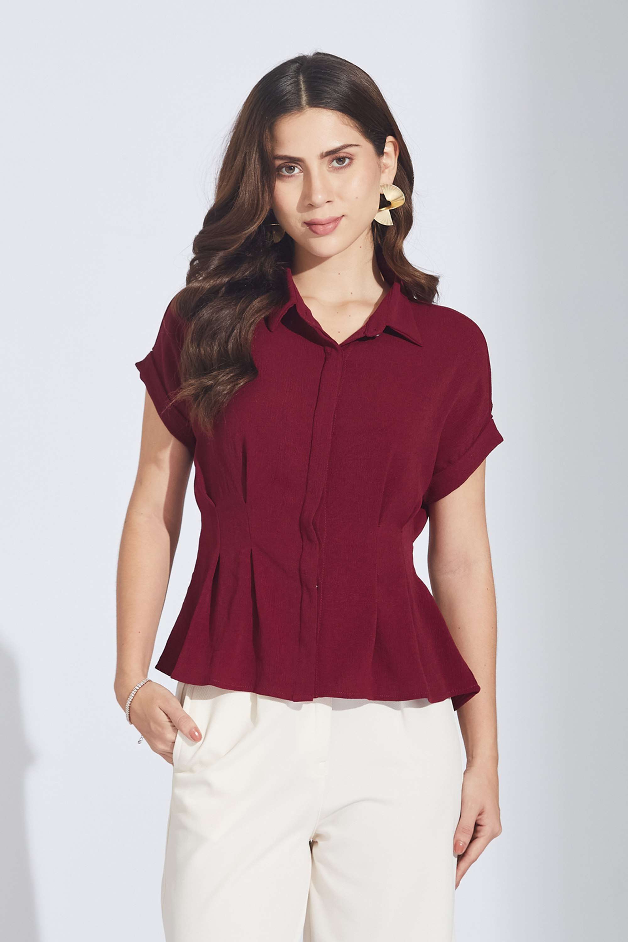 Solid-Polyester-Collared-Women-Top