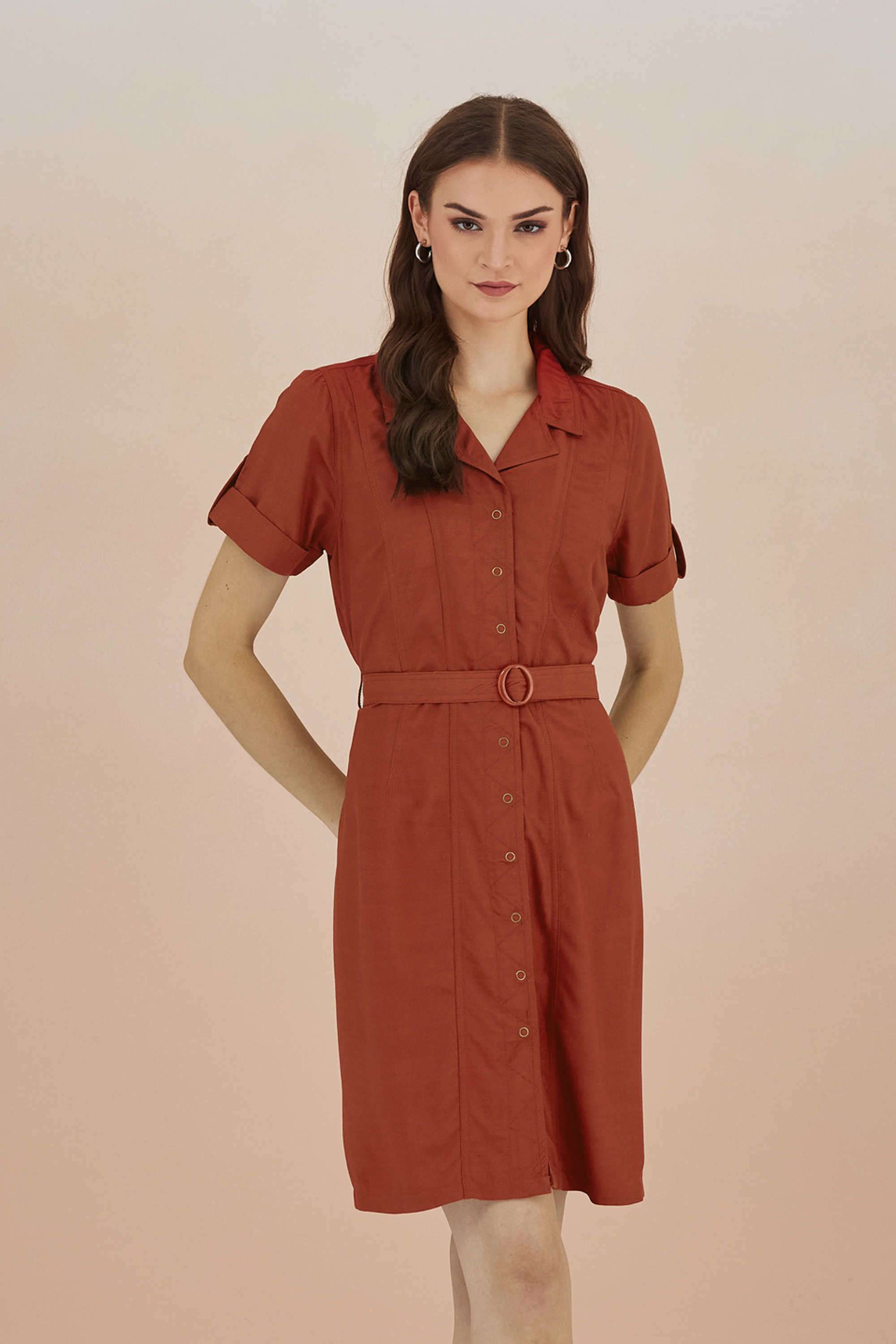 Solid-Viscose-Collared-Women-s-Mini-Dress