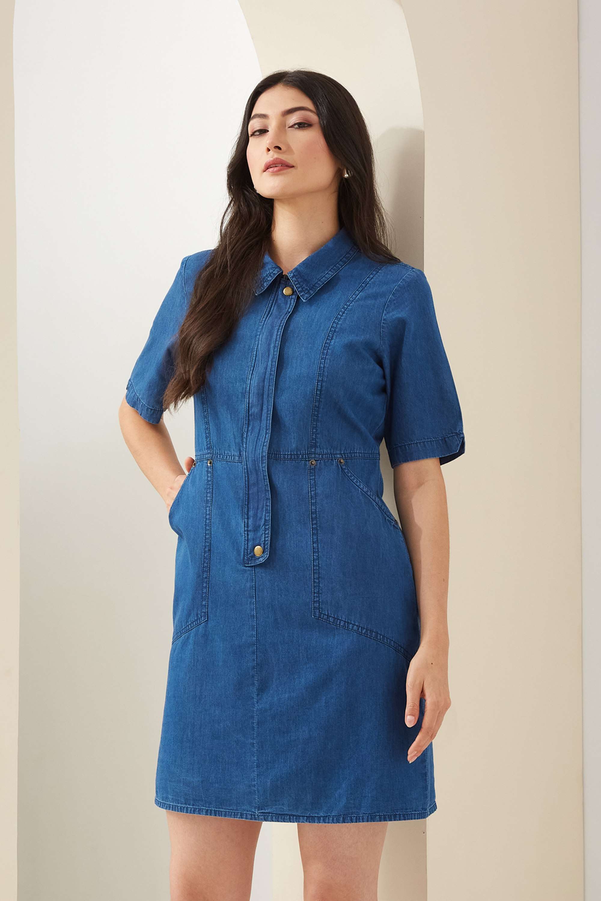 Solid-Cotton-Collared-Short-Sleeves-Casual-Wear-Women-Dress