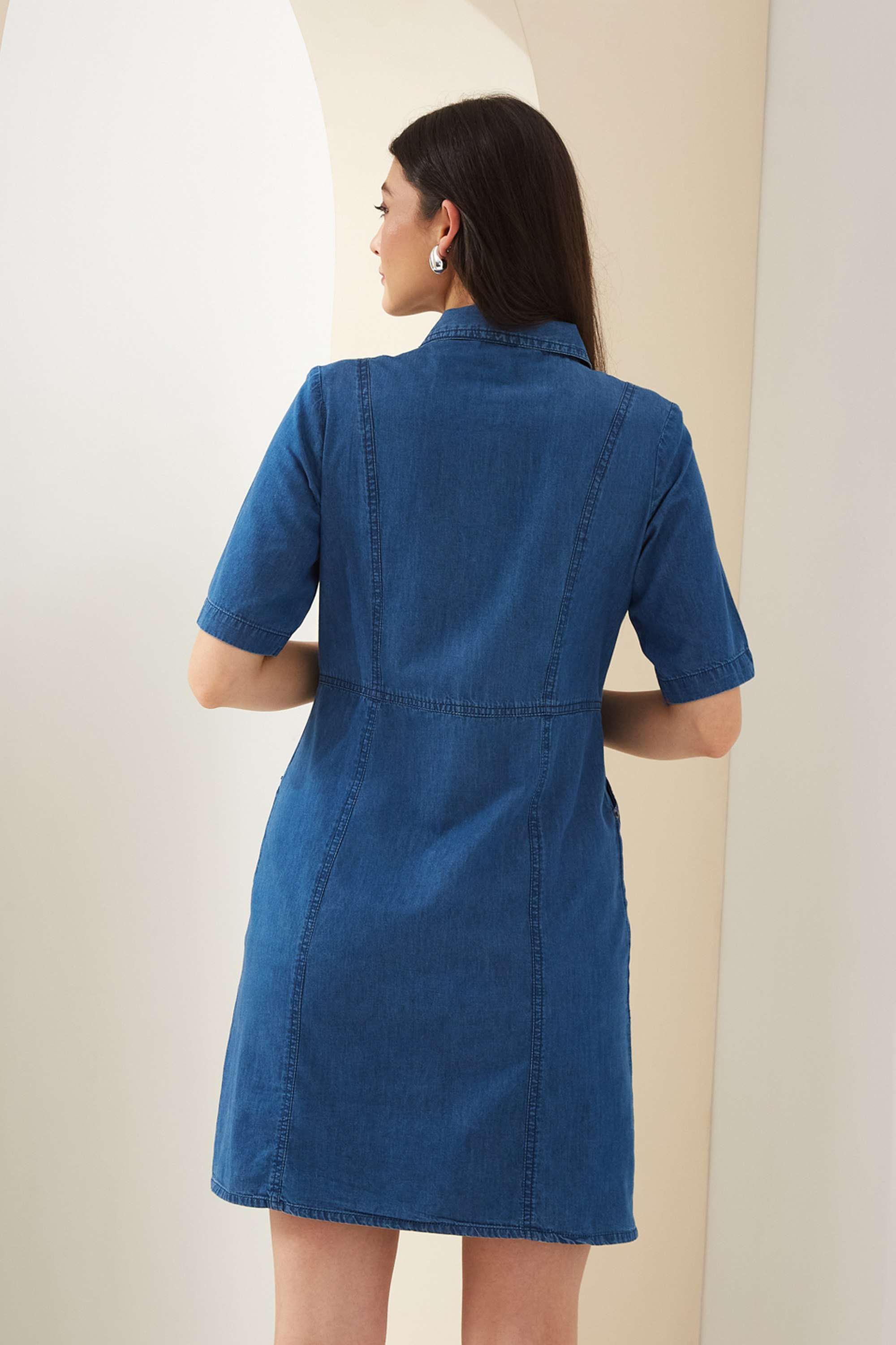 Solid-Cotton-Collared-Short-Sleeves-Casual-Wear-Women-Dress