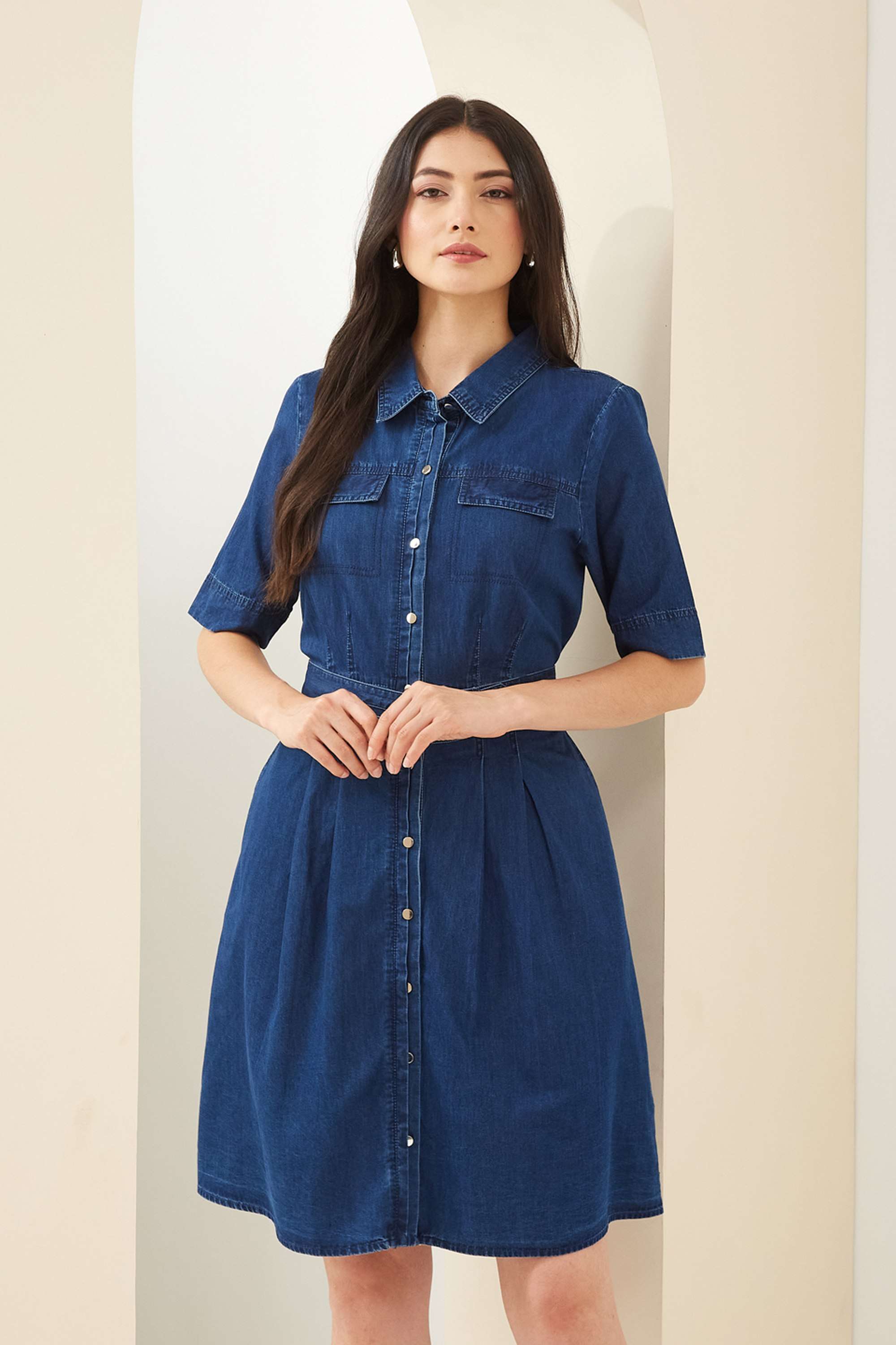 Solid-Cotton-Collared-Short-Sleeves-Casual-Wear-Women-Dress