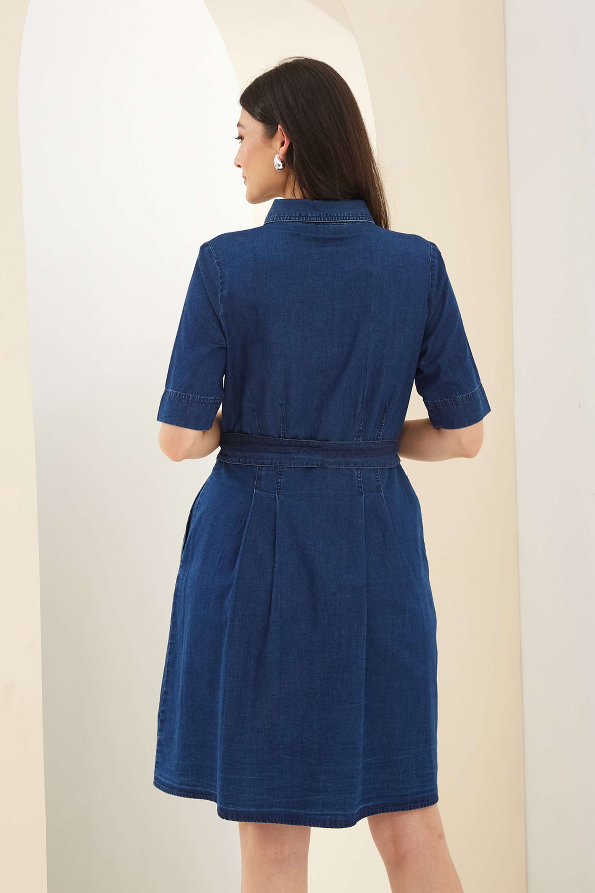 Solid-Cotton-Collared-Short-Sleeves-Casual-Wear-Women-Dress