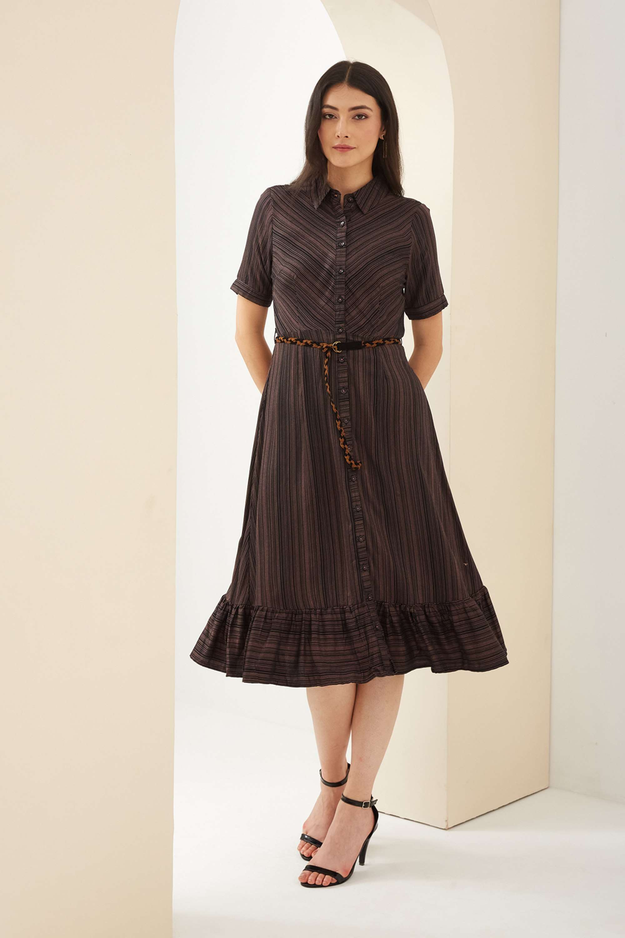 Stripes-Polyester-Collared-Short-Sleeves-Casual-Wear-Women-Dress