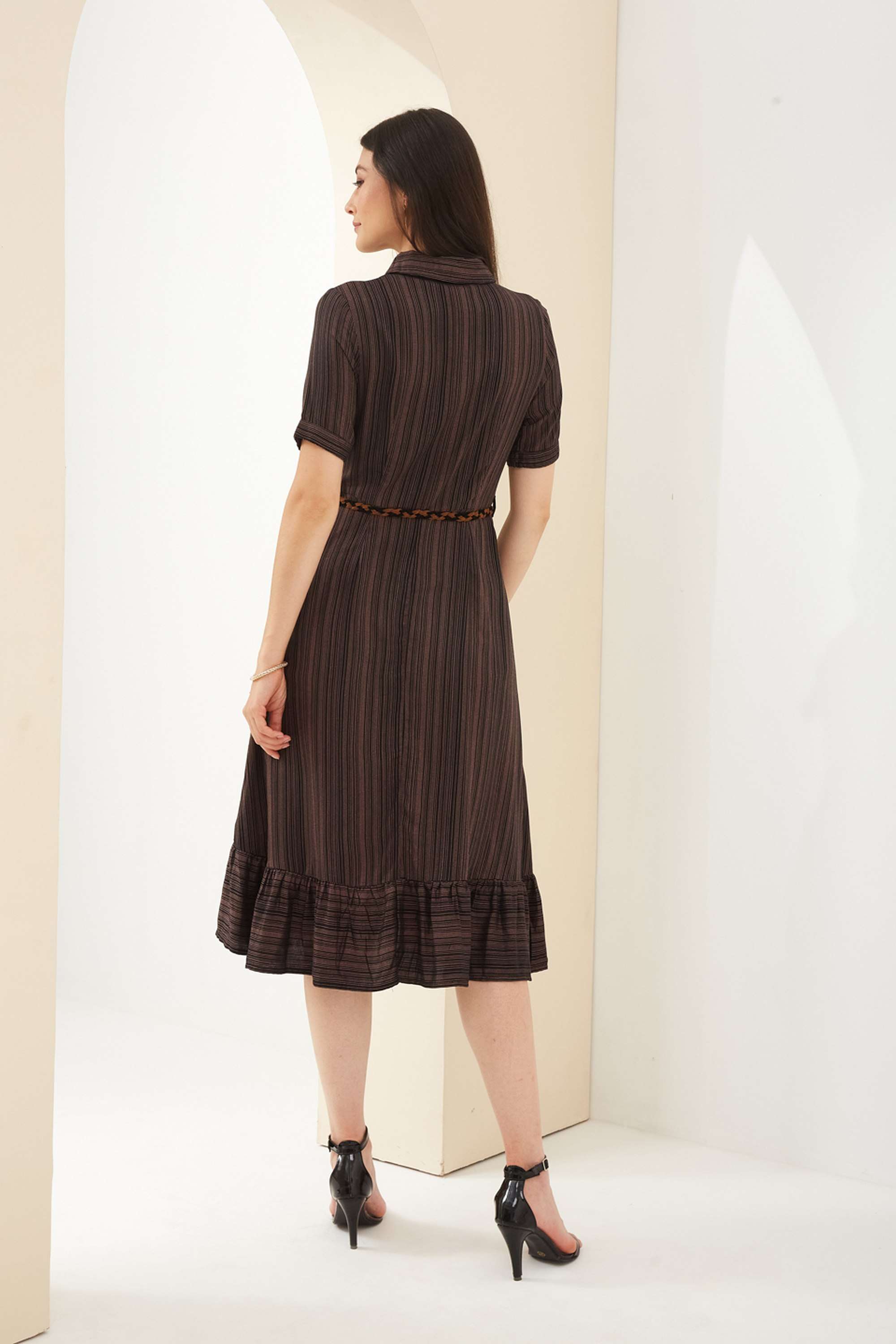 Stripes-Polyester-Collared-Short-Sleeves-Casual-Wear-Women-Dress