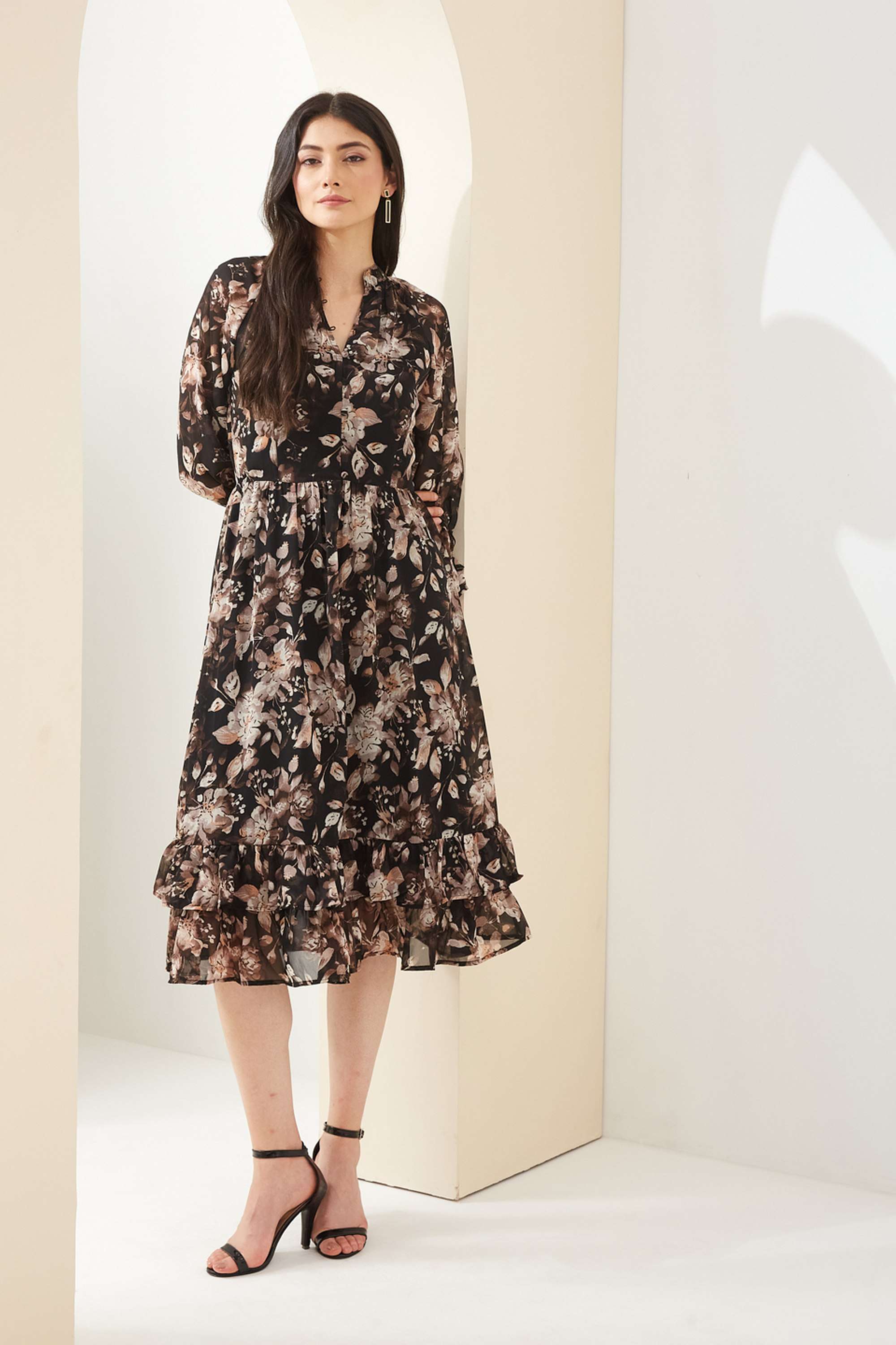 Printed-Viscose-V-Neck-3/4-Sleeves-Casual-Wear-Women-Dress