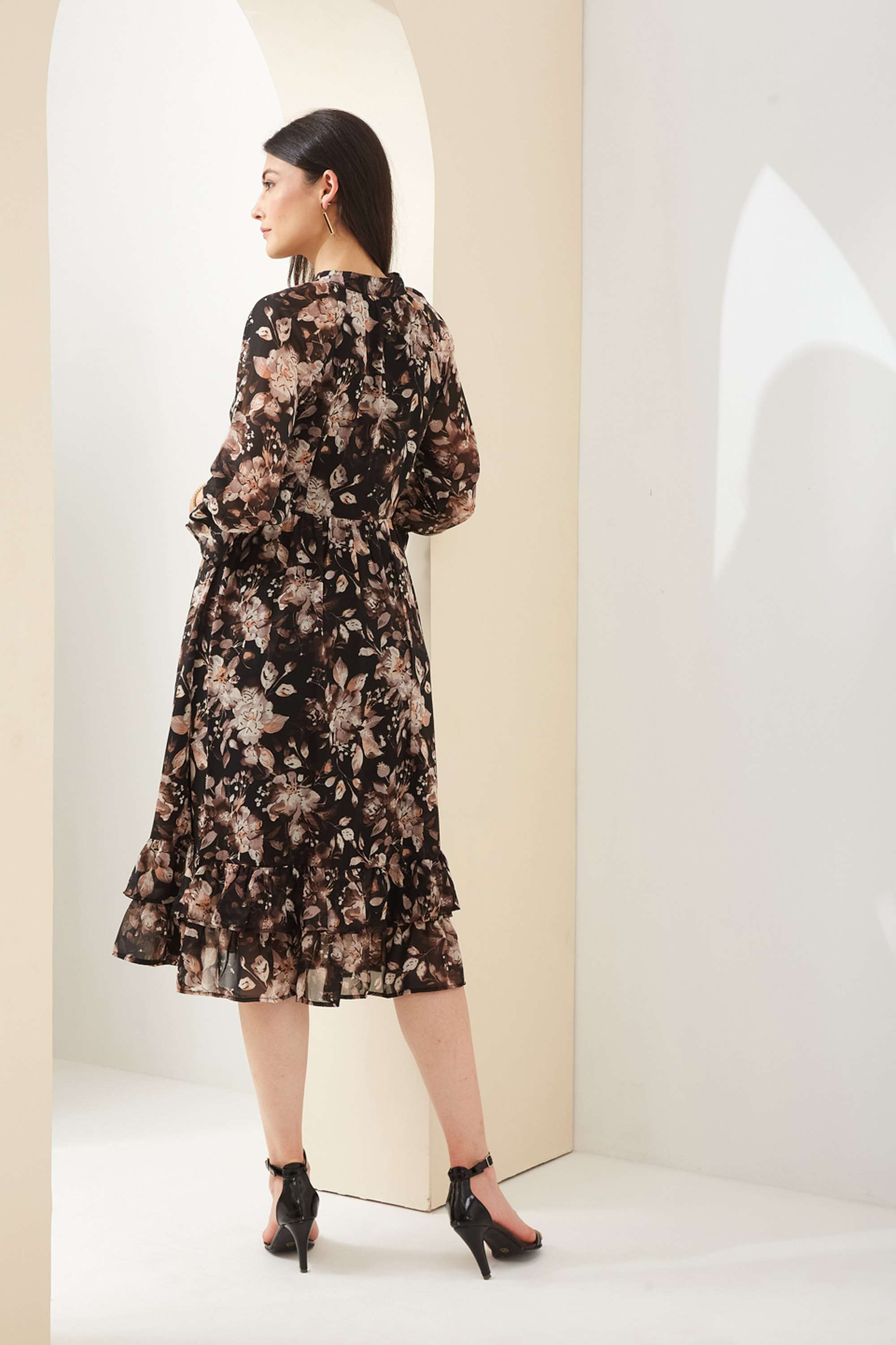 Printed-Viscose-V-Neck-3/4-Sleeves-Casual-Wear-Women-Dress