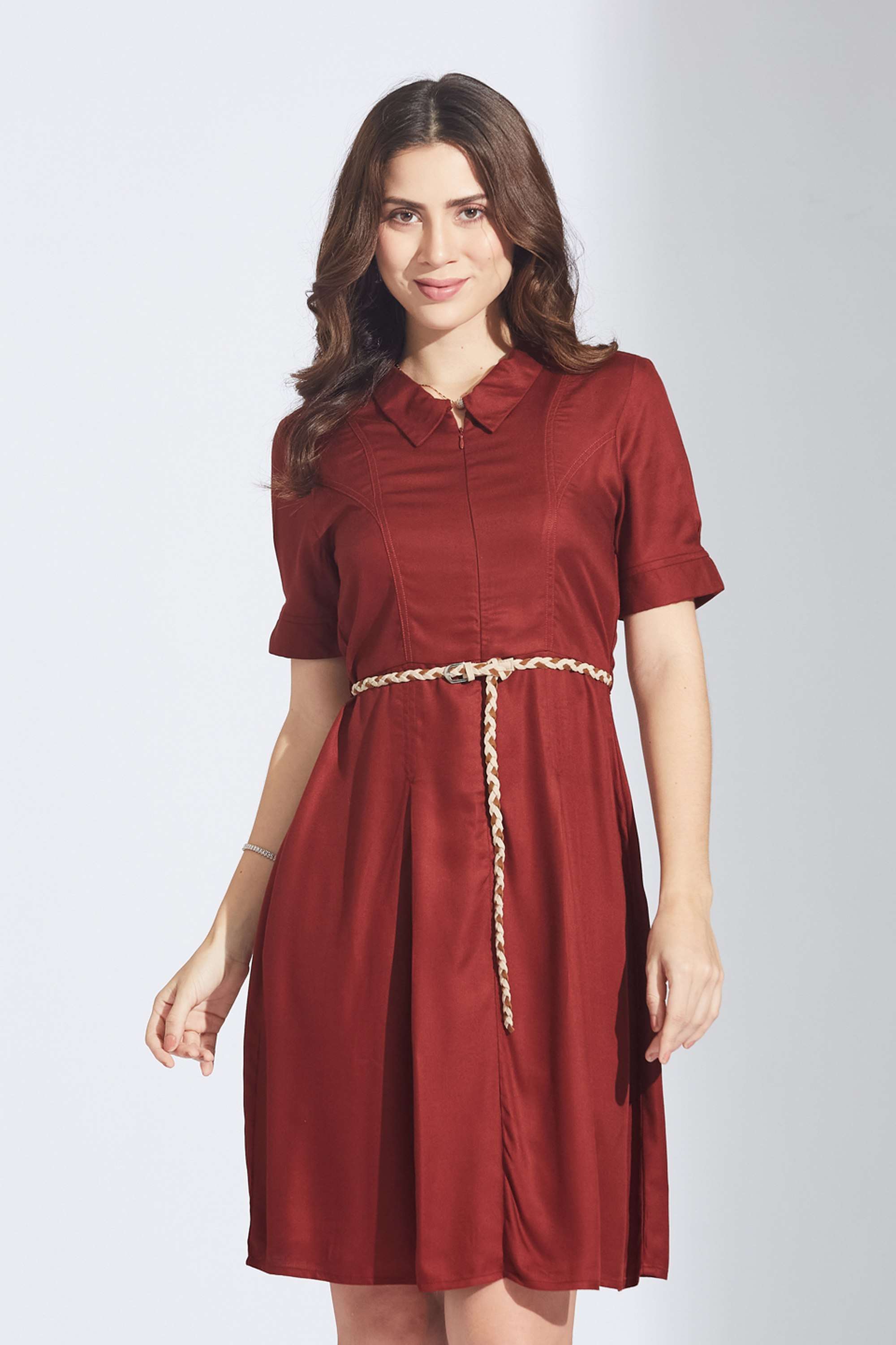 Solid-Rayon-Collared-Women-s-Mini-Dress