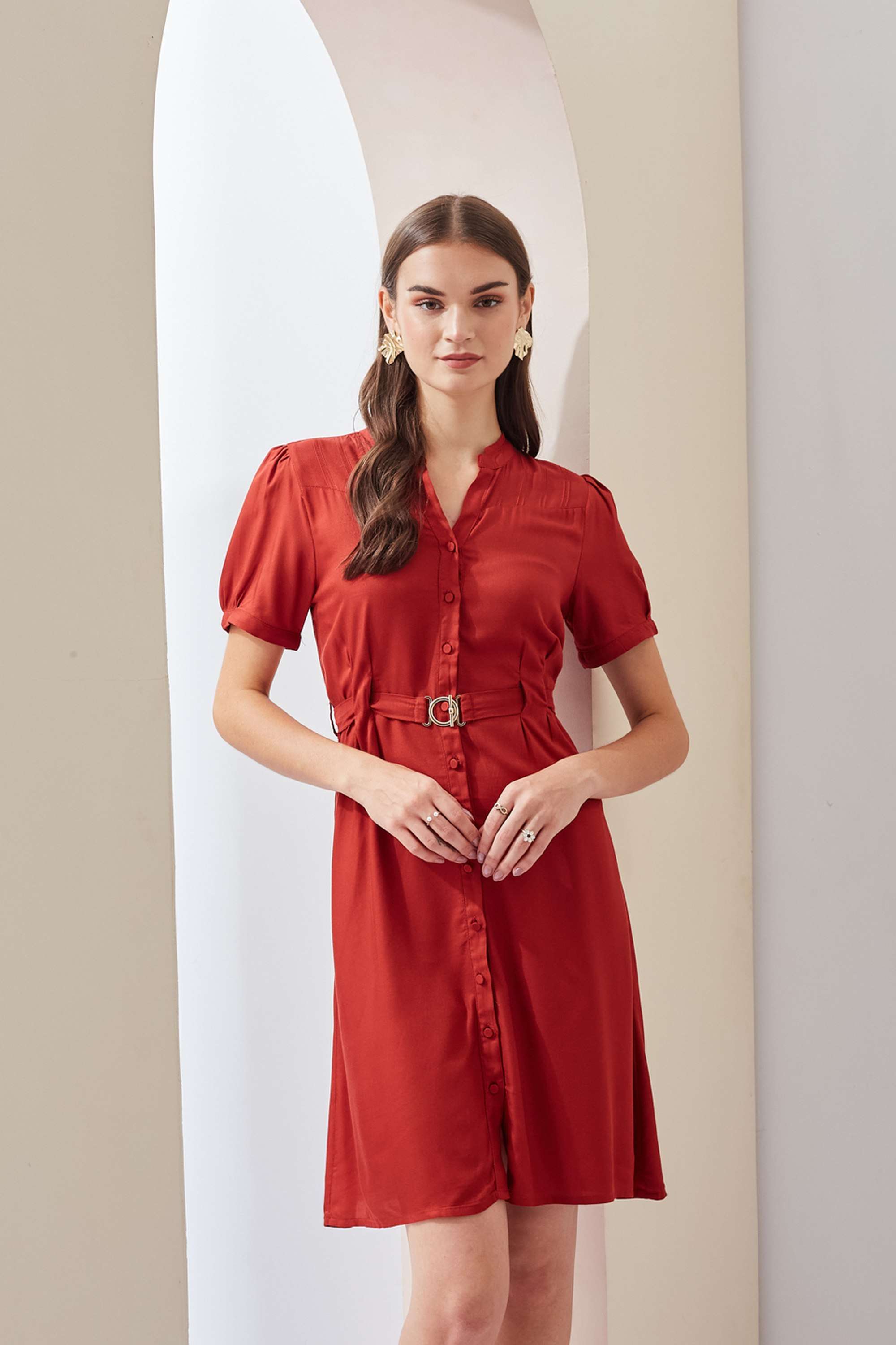 Solid-V-Neck-Viscose-Women-s-Above-Knee-Dress