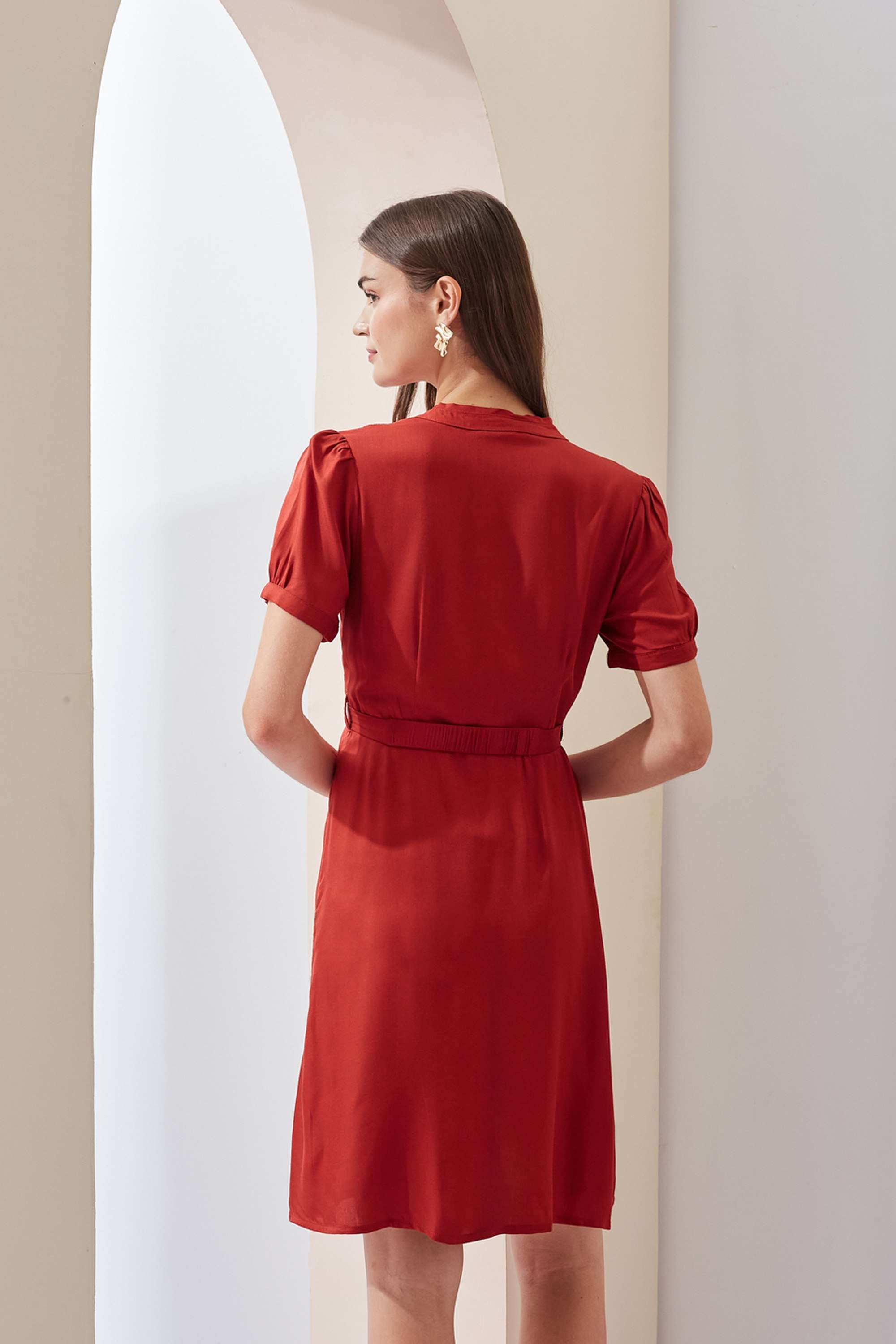 Solid-V-Neck-Viscose-Women-s-Above-Knee-Dress