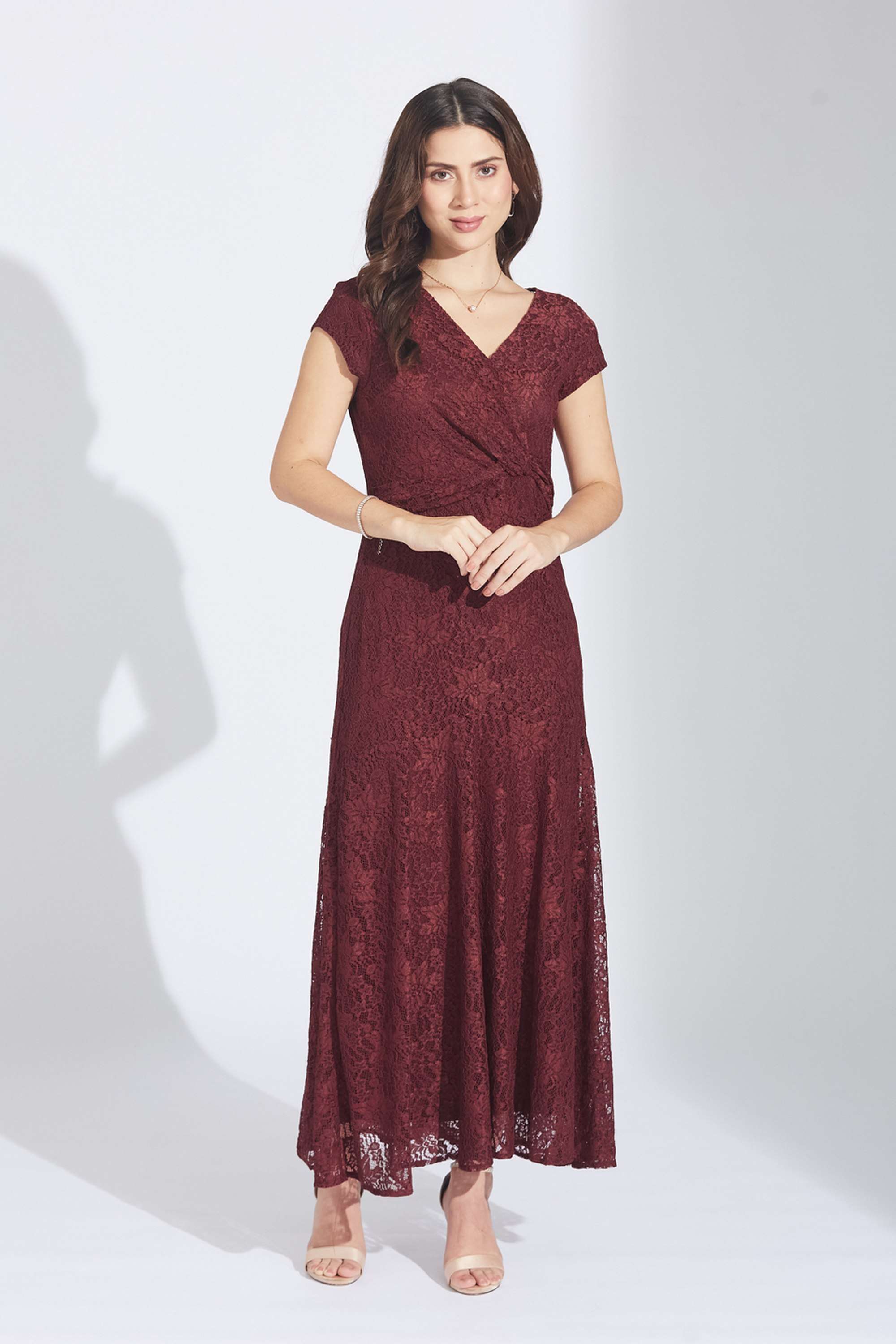 Self-Design-V-Neck-Nylon-Women-s-Full-Length-Dress