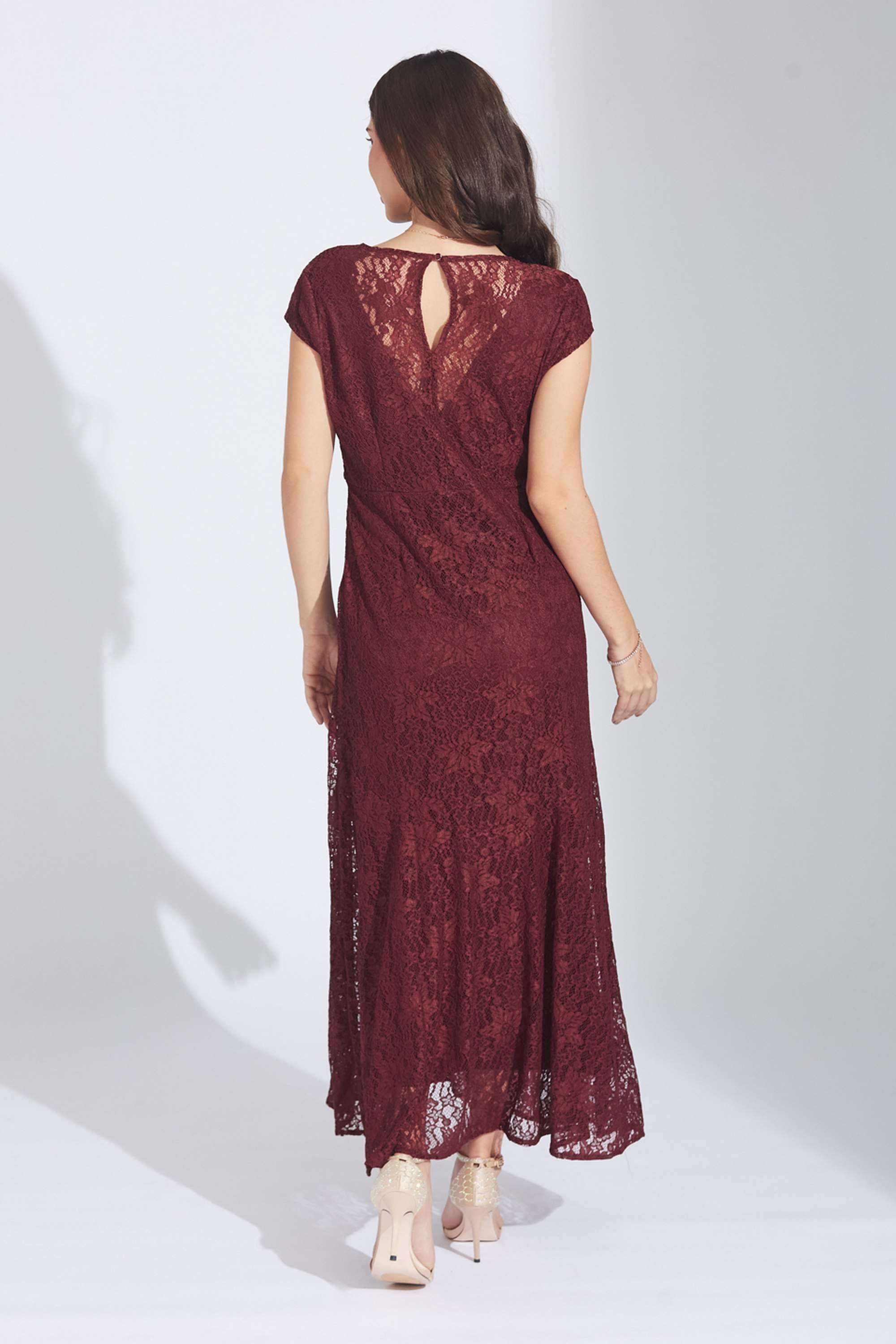 Self-Design-V-Neck-Nylon-Women-s-Full-Length-Dress