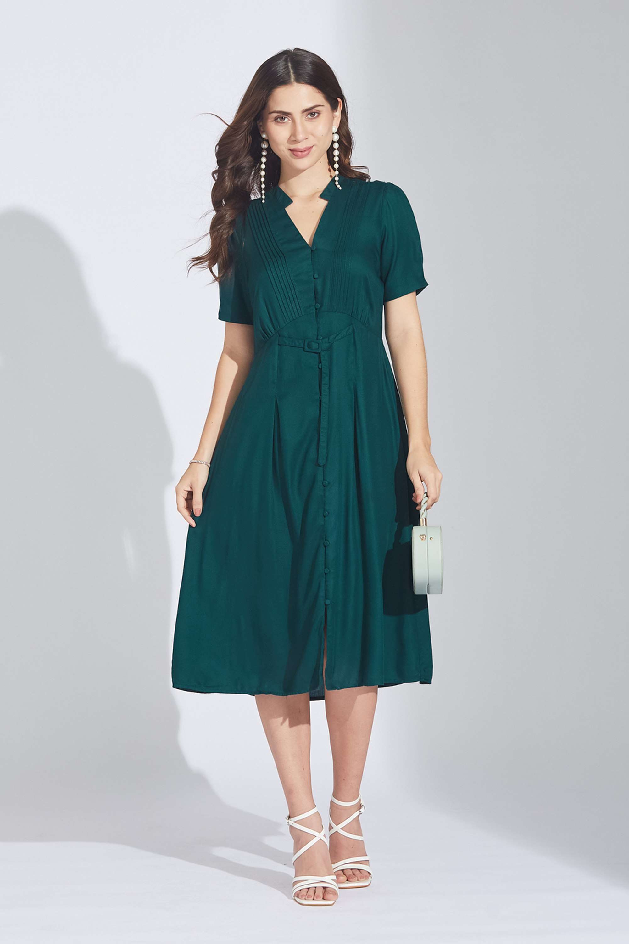 Solid-Rayon-Collared-Women-s-Midi-Dress