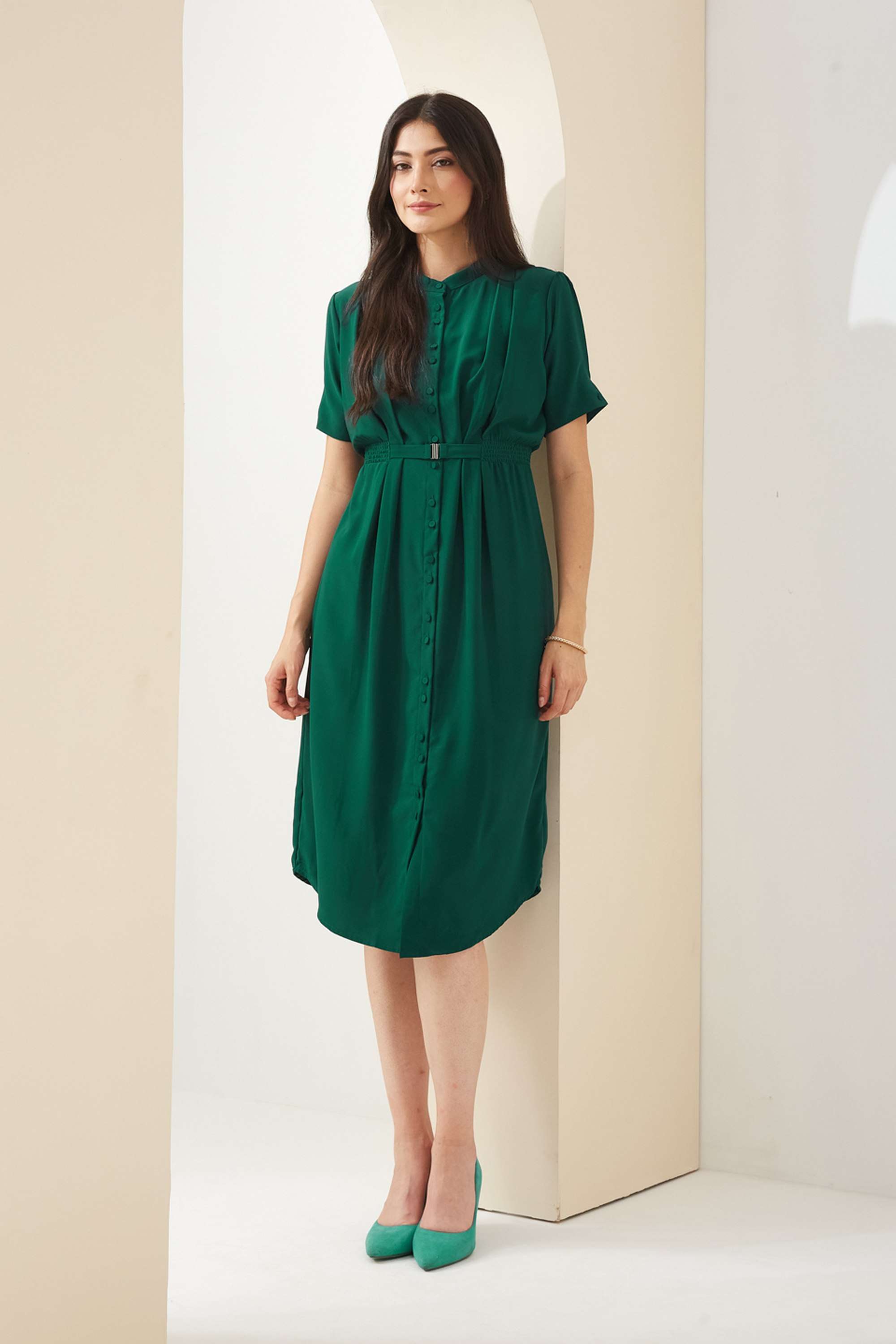 Solid-Polyester-Collared-Short-Sleeves-Casual-Wear-Women-Dress