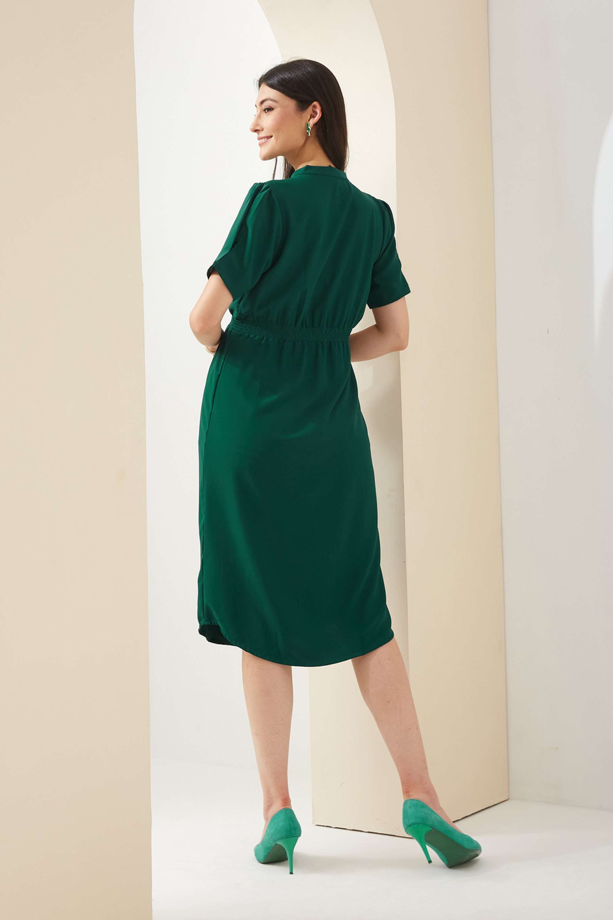 Solid-Polyester-Collared-Short-Sleeves-Casual-Wear-Women-Dress