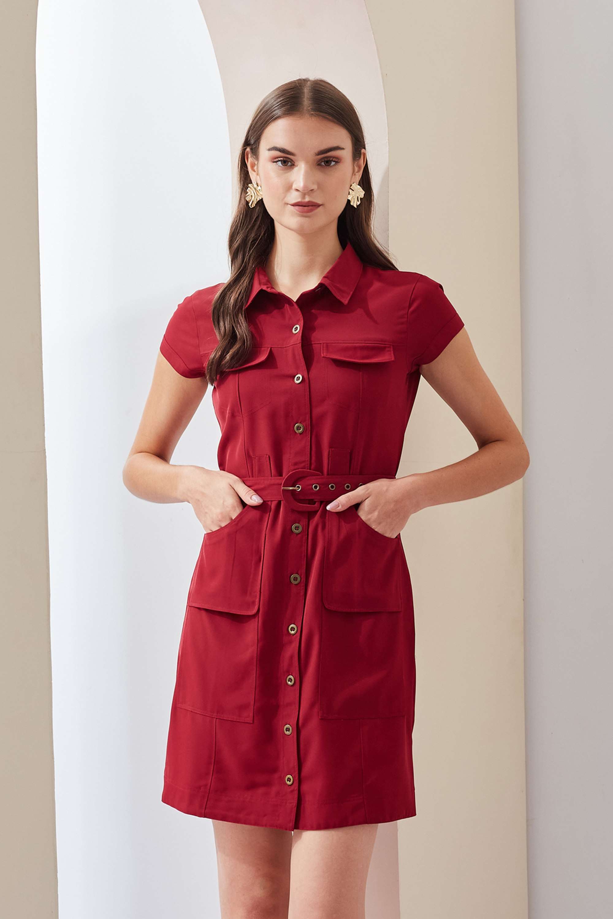 Solid-Collared-Polyester-Women-s-Mini-Dress