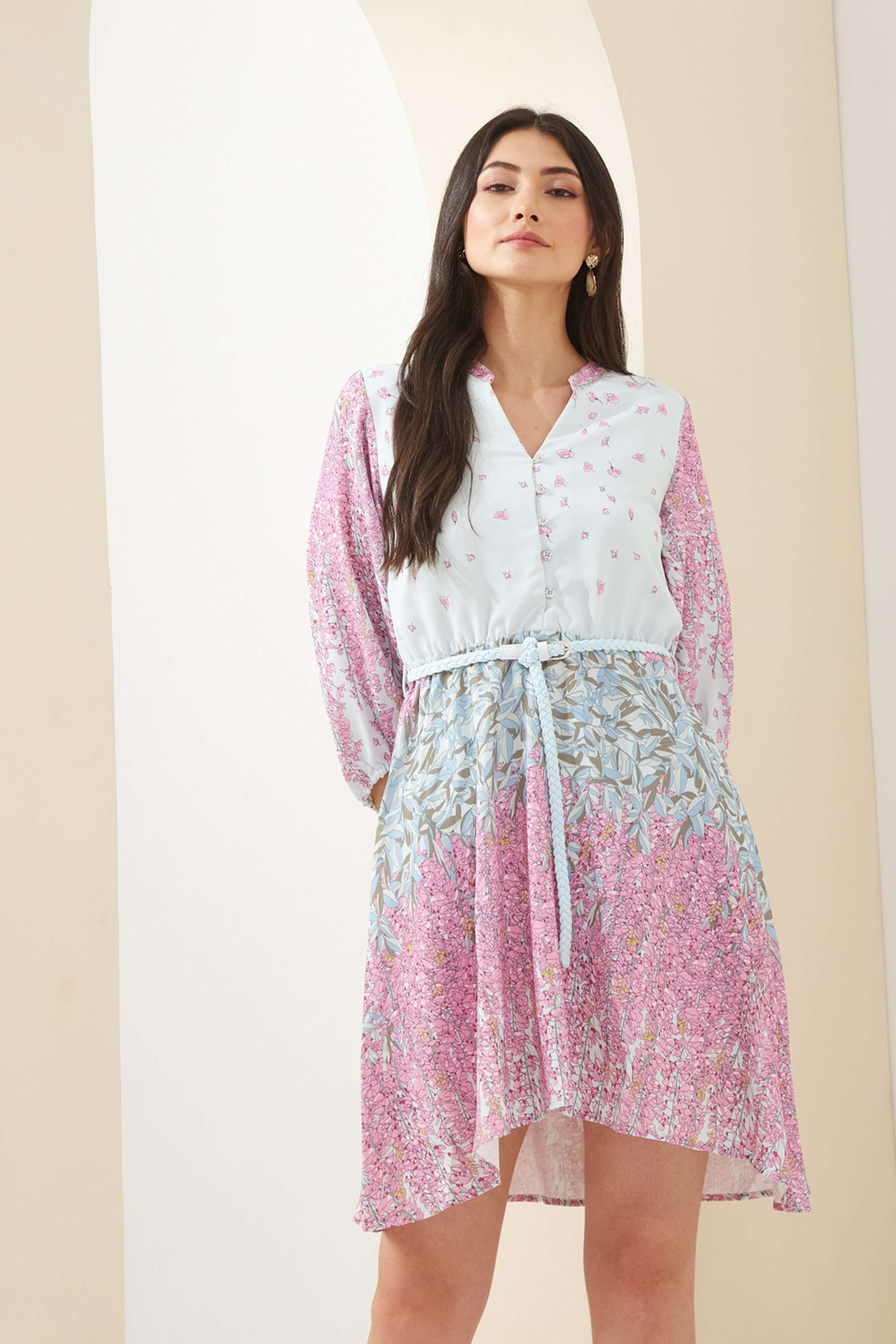 Printed-Polyester-Collared-3/4-Sleeves-Casual-Wear-Women-Dress