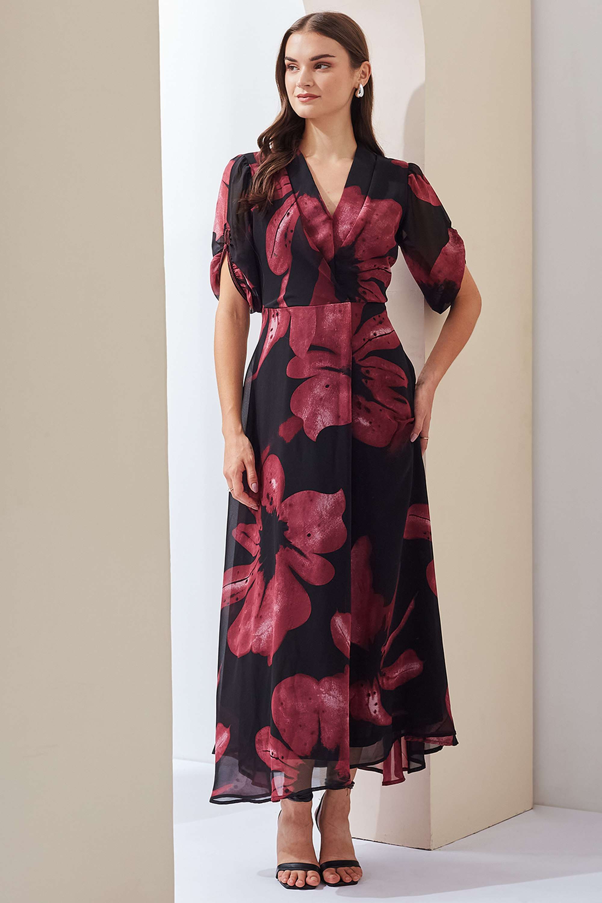 Printed-V-Neck-Polyester-Women-s-Full-Length-Dress