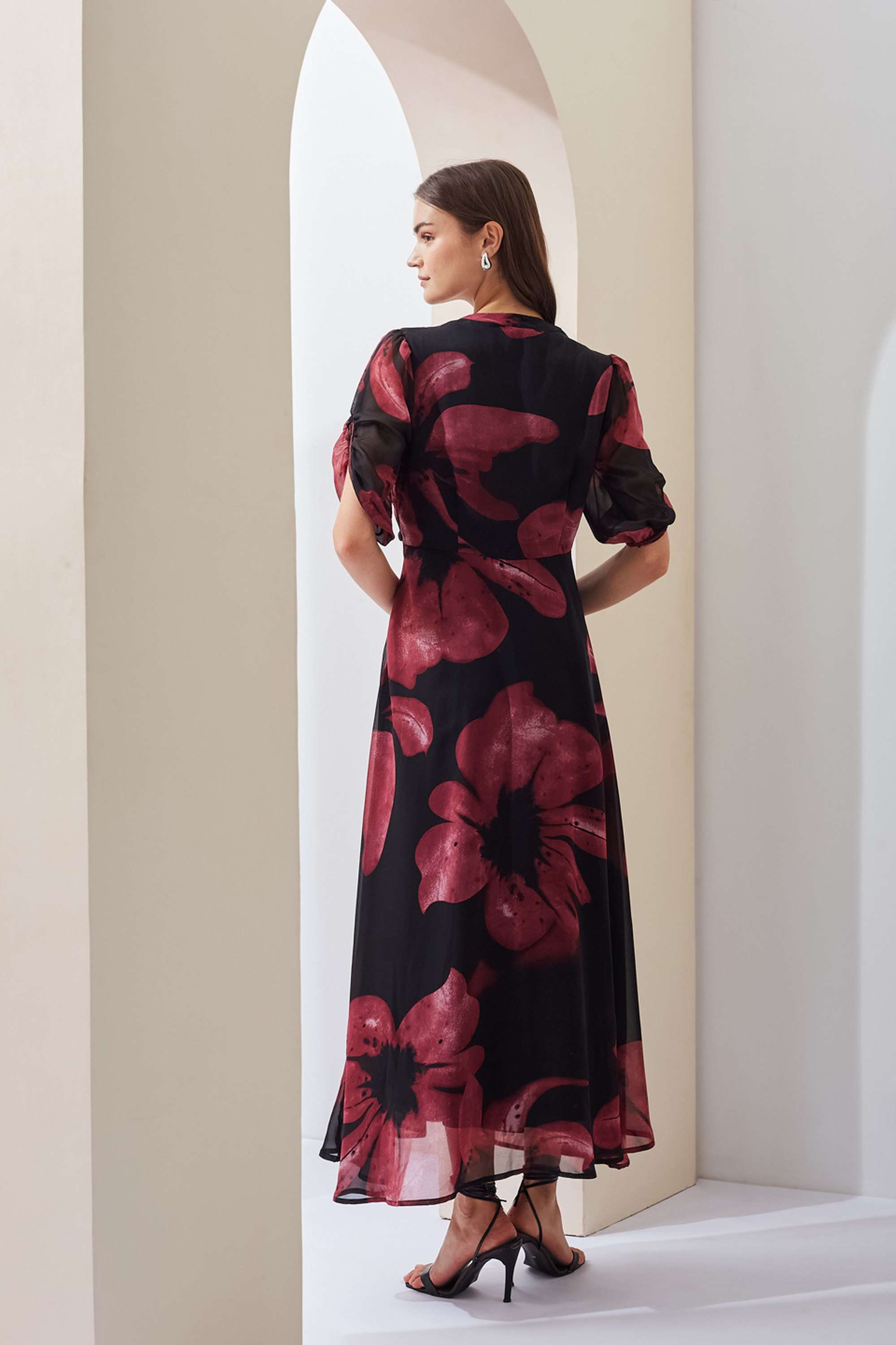 Printed-V-Neck-Polyester-Women-s-Full-Length-Dress