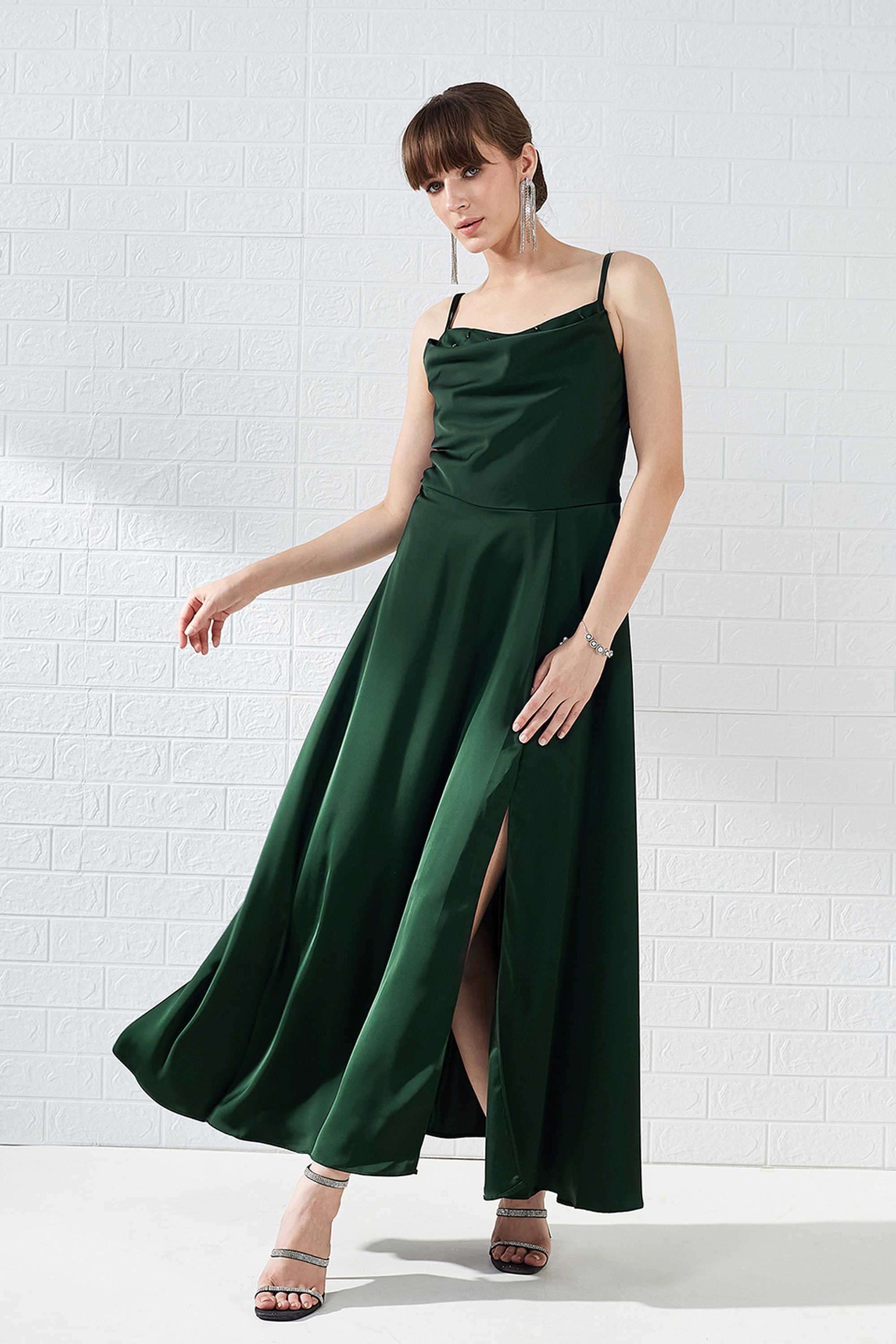 Solid-Polyester-Cowl-Neck-Women-s-Dress