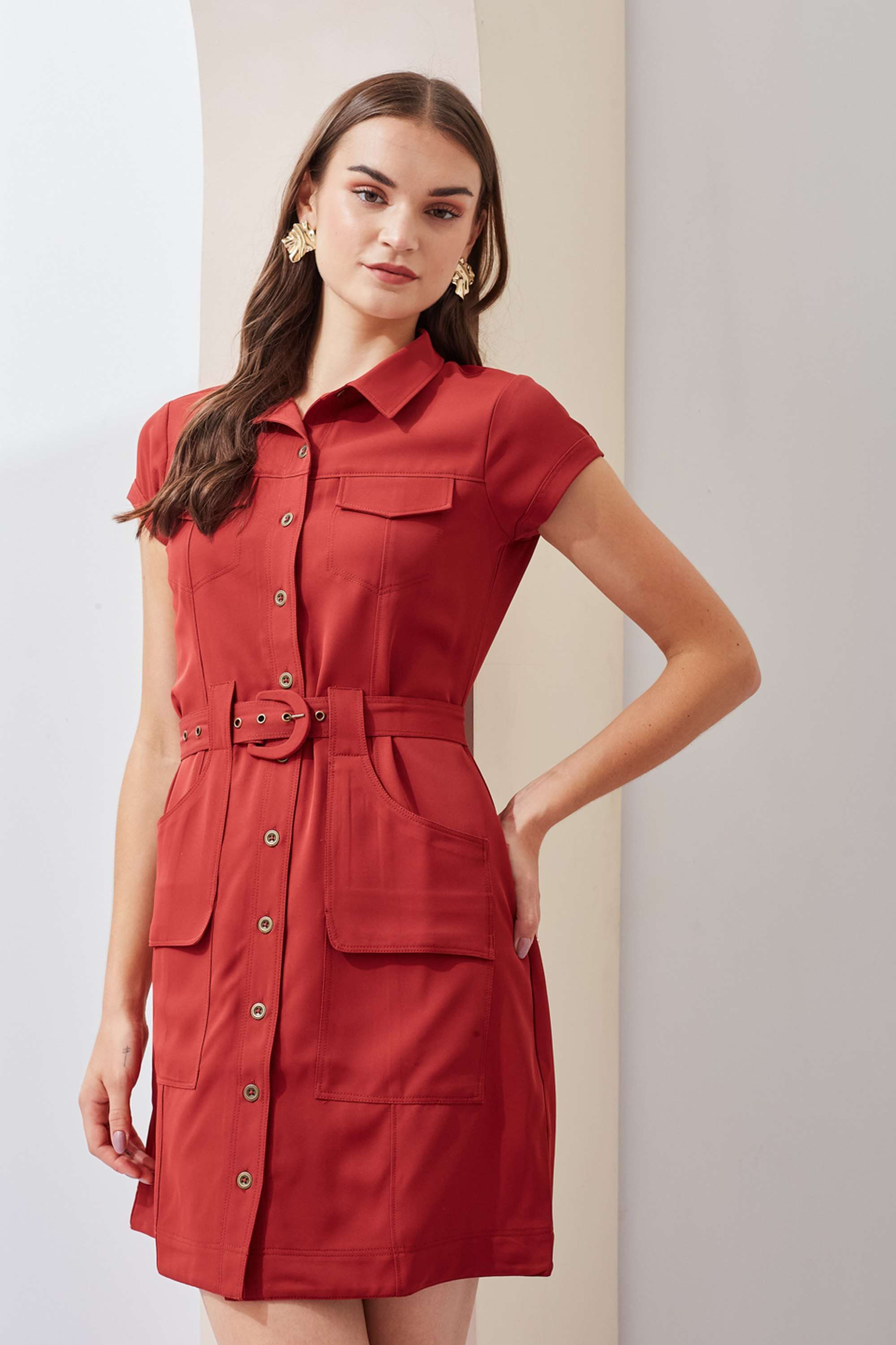 Solid-Collared-Polyester-Women-s-Mini-Dress