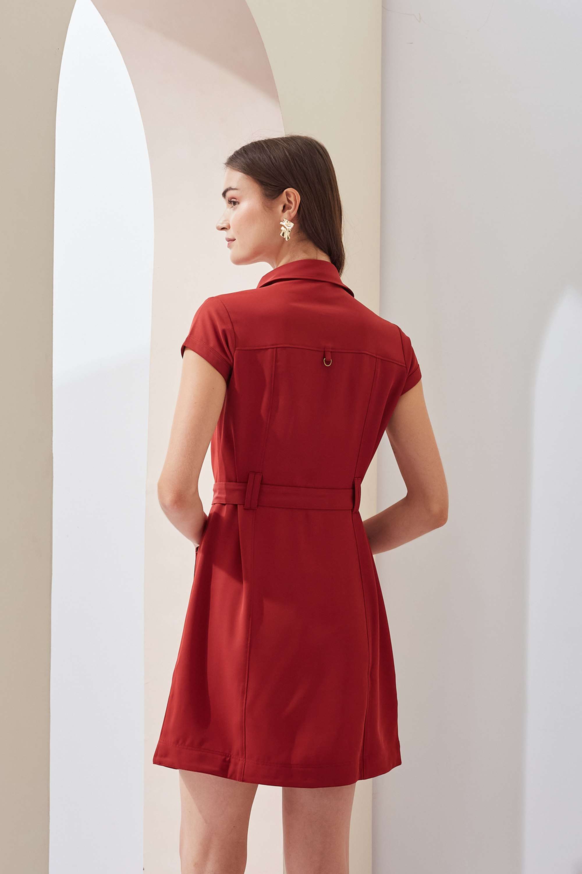 Solid-Collared-Polyester-Women-s-Mini-Dress