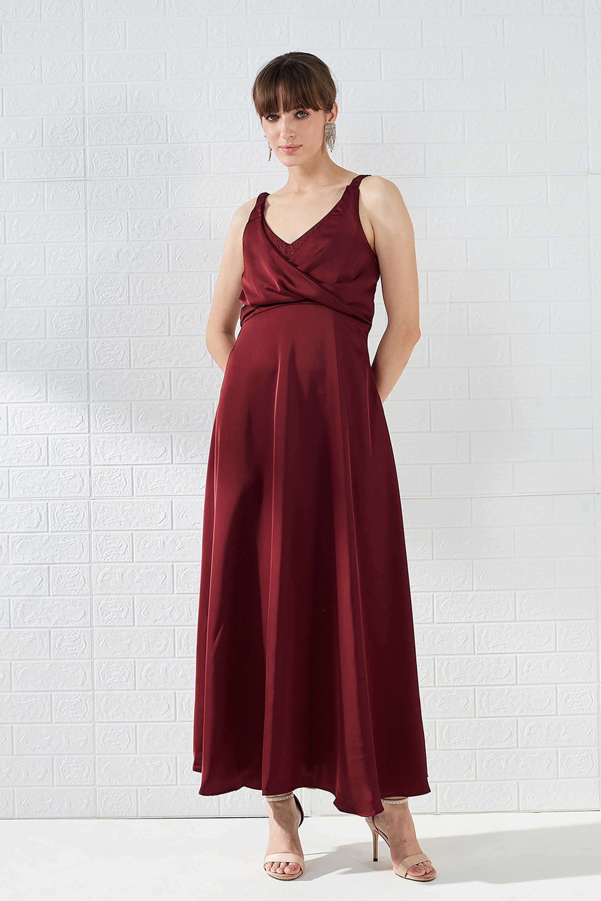 Solid-Polyester-V-Neck-Women-s-Dress