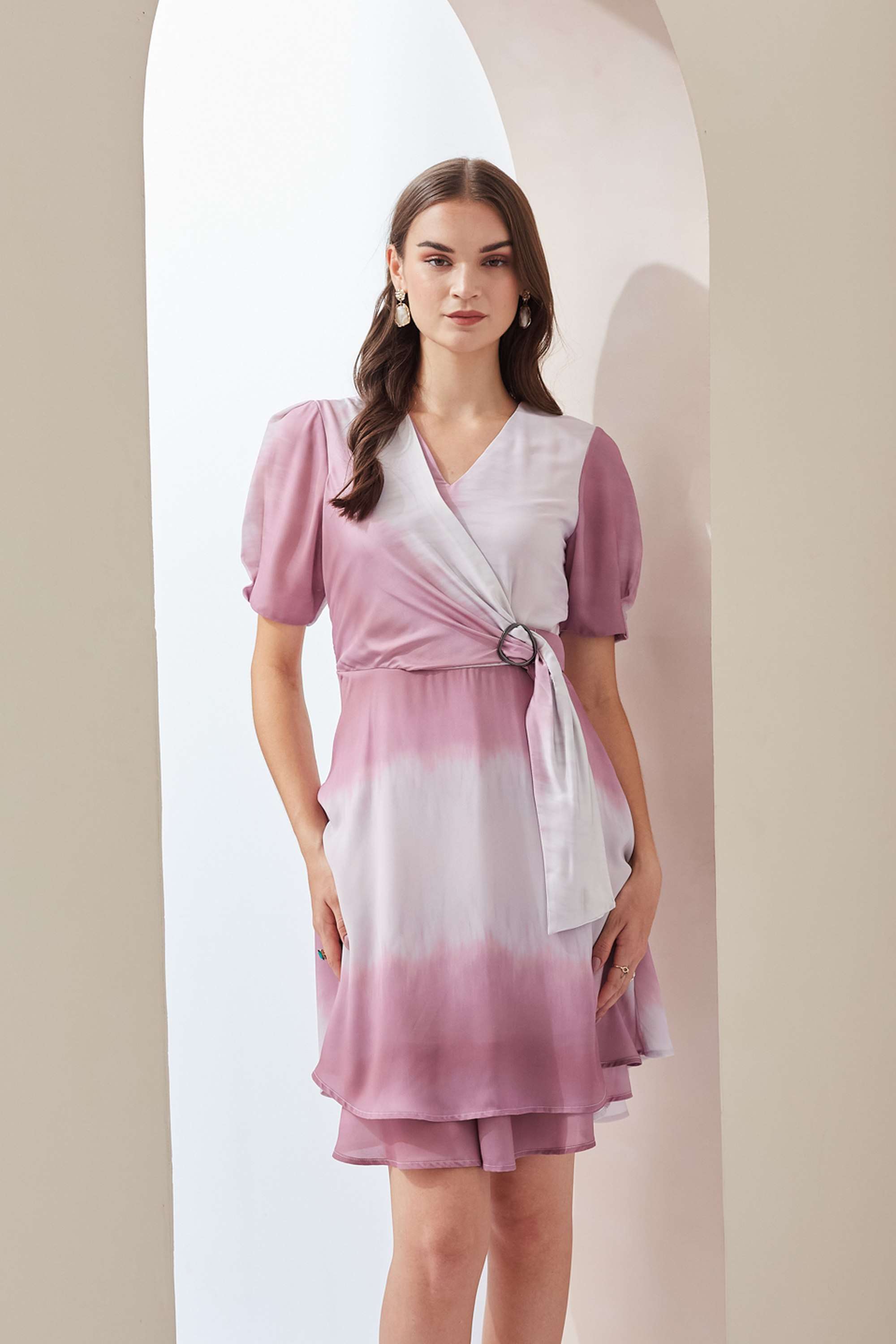 Tie-&-Dye-V-Neck-Polyester-Women-s-Above-Knee-Dress