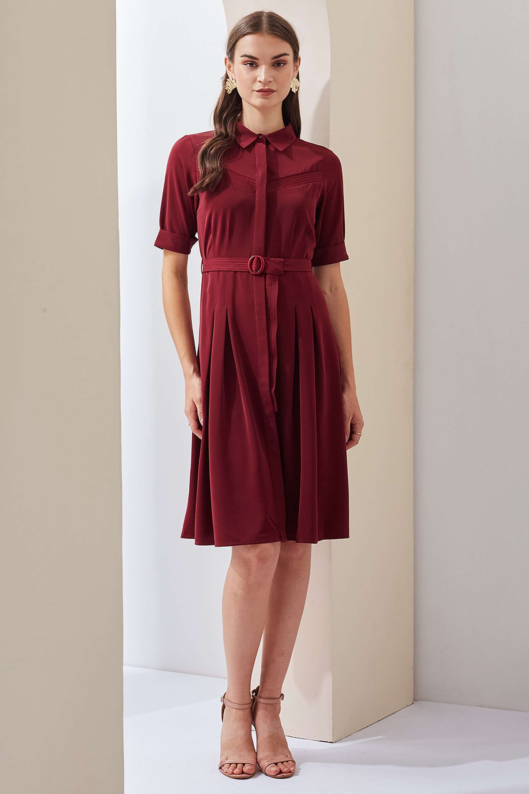 Solid-Collared-Polyester-Women-s-Knee-Length-Dress