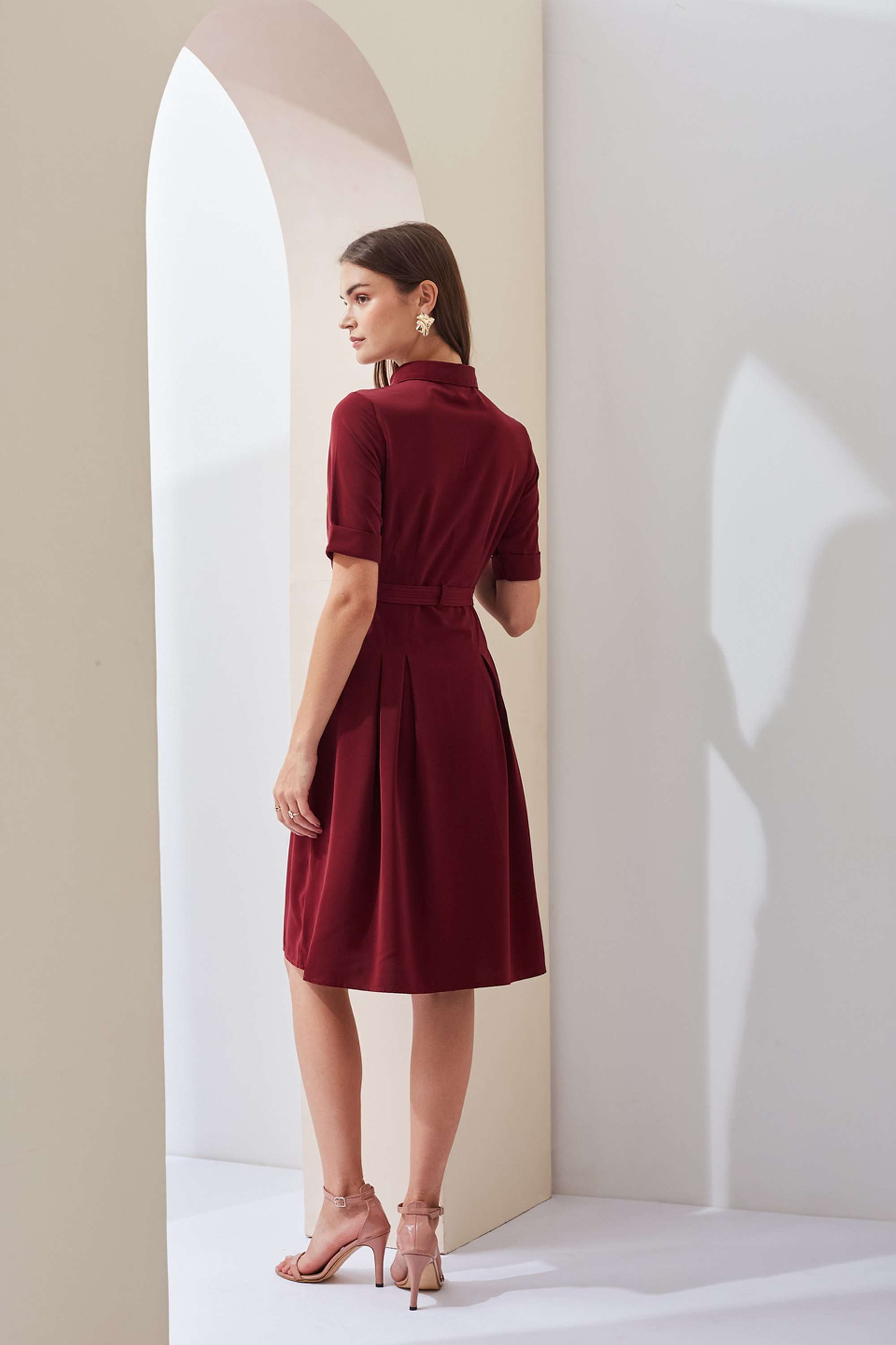 Solid-Collared-Polyester-Women-s-Knee-Length-Dress