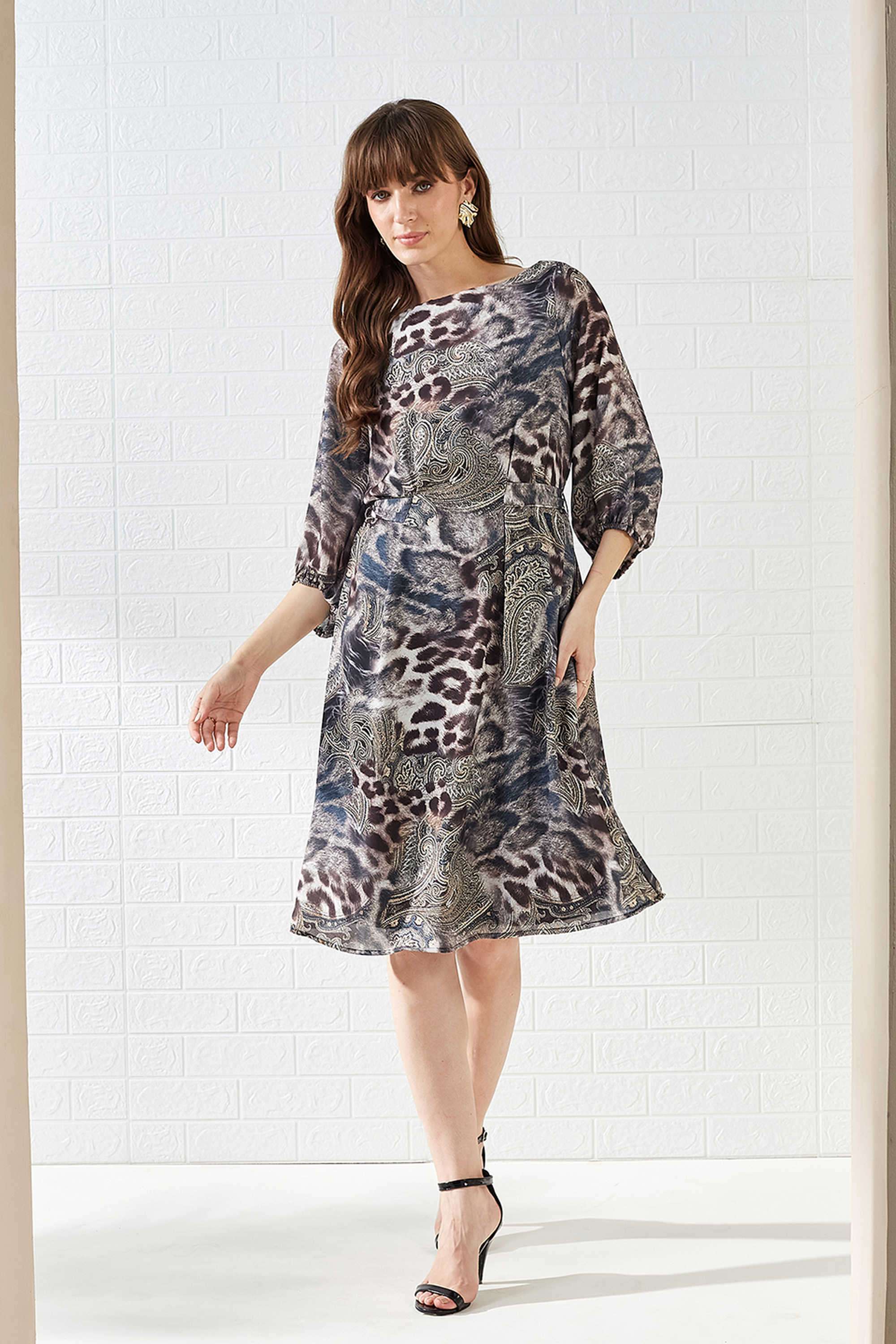 Printed-Polyester-Boat-Neck-Women-s-Dress