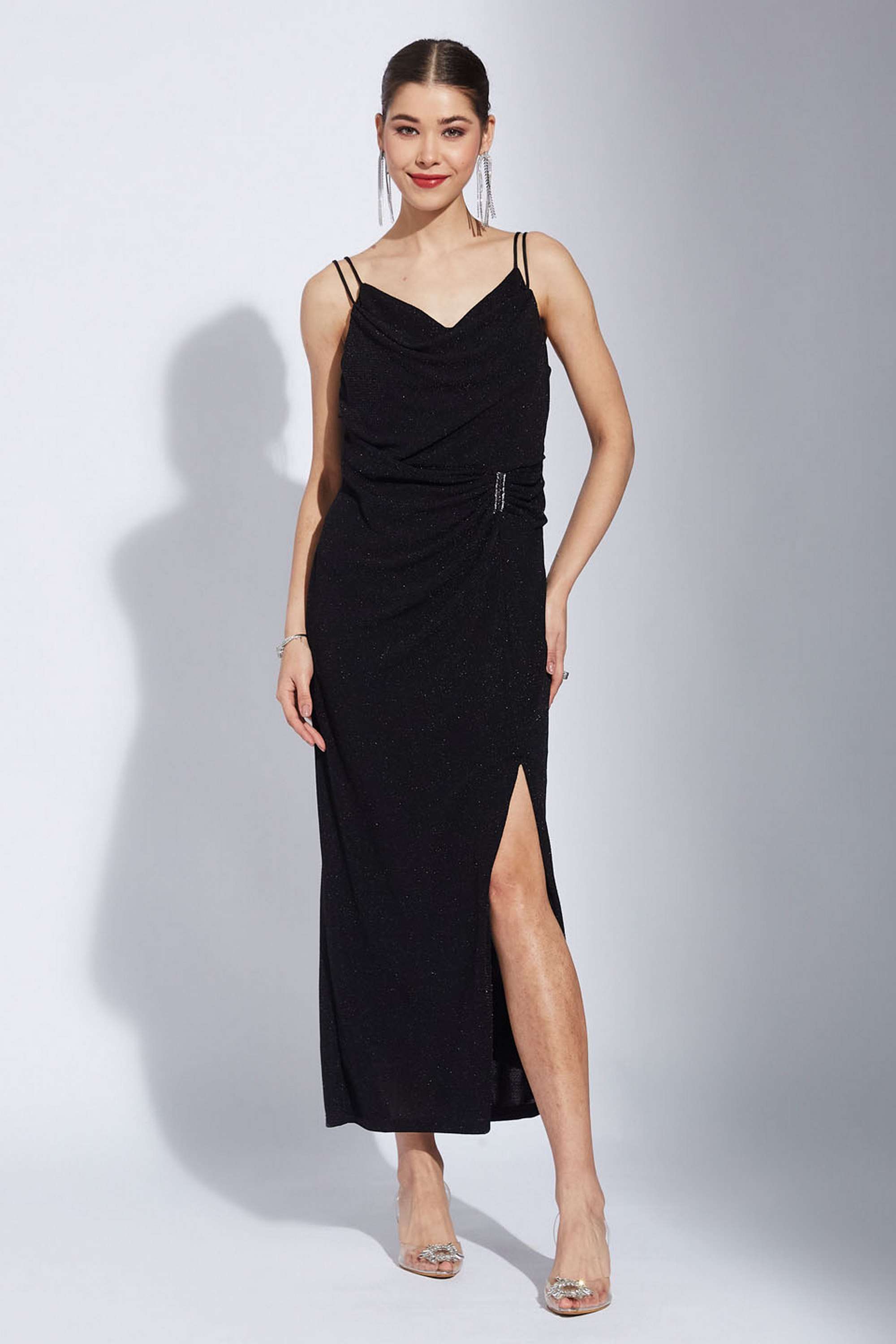 Solid-V-Neck-Nylon-Women-s-Full-Length-Dress