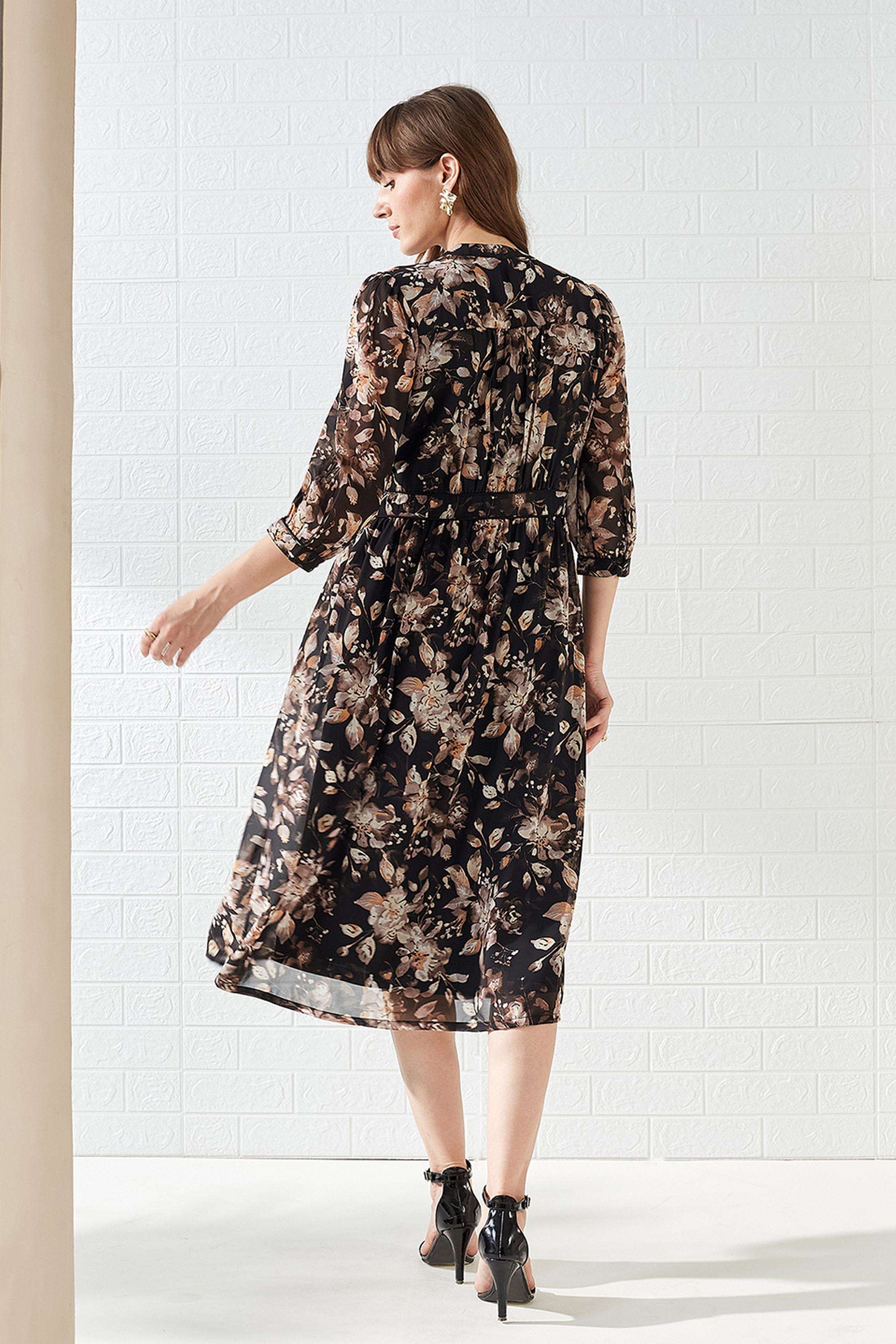 Printed-Round-Neck-Polyester-Women-Dress