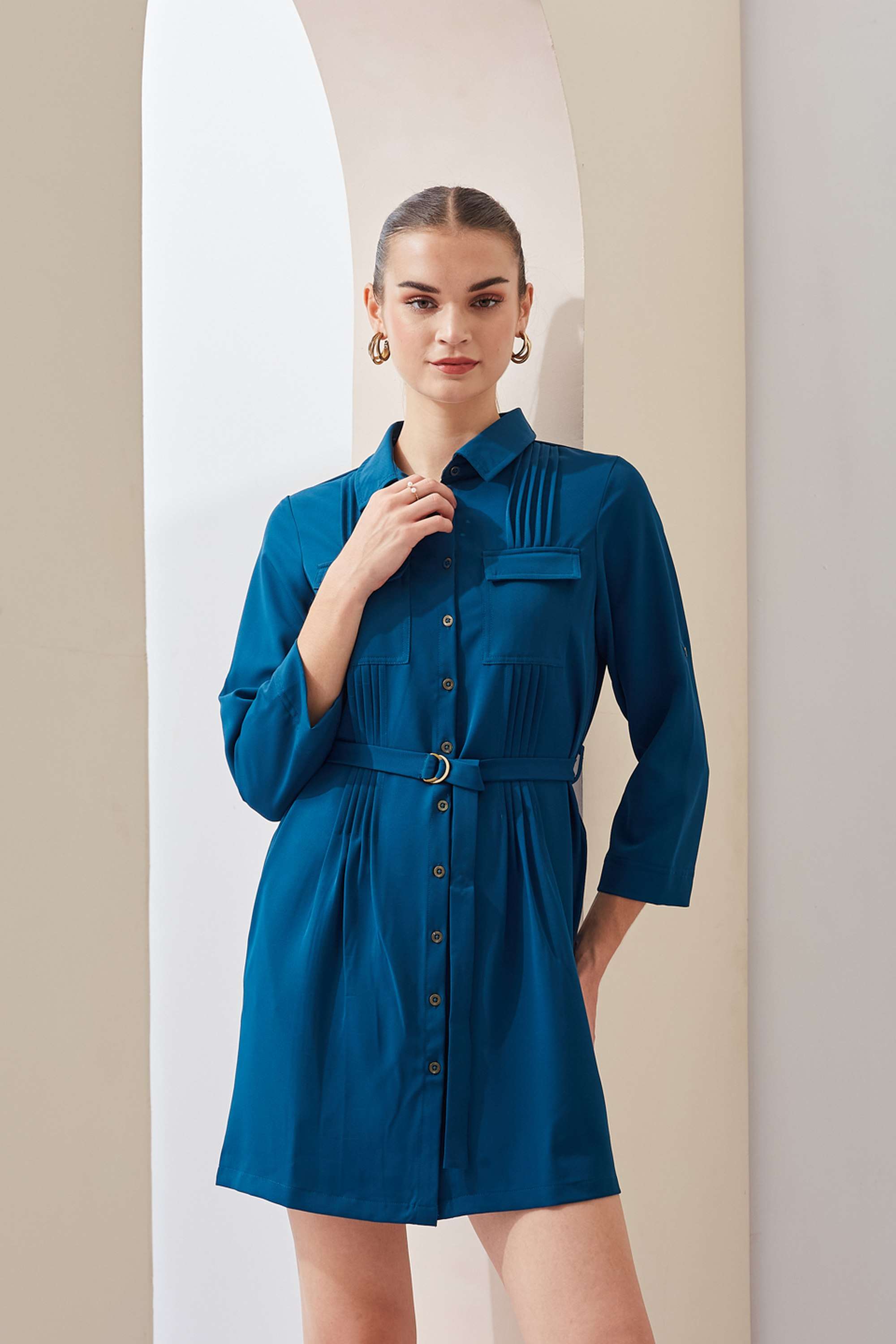 Solid-Collared-Polyester-Women-s-Mini-Dress