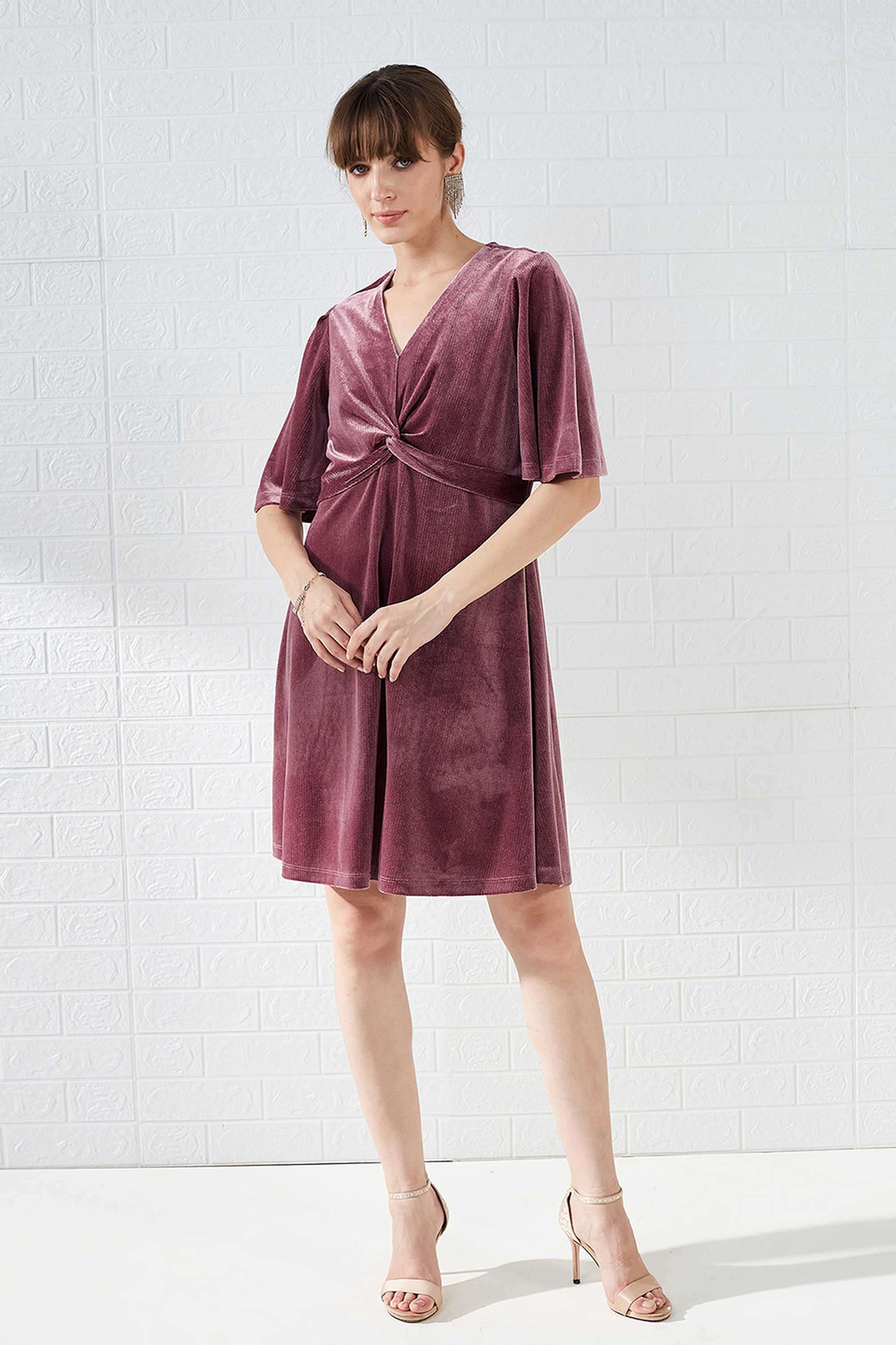 Solid-Polyester-V-Neck-Women-s-Dress