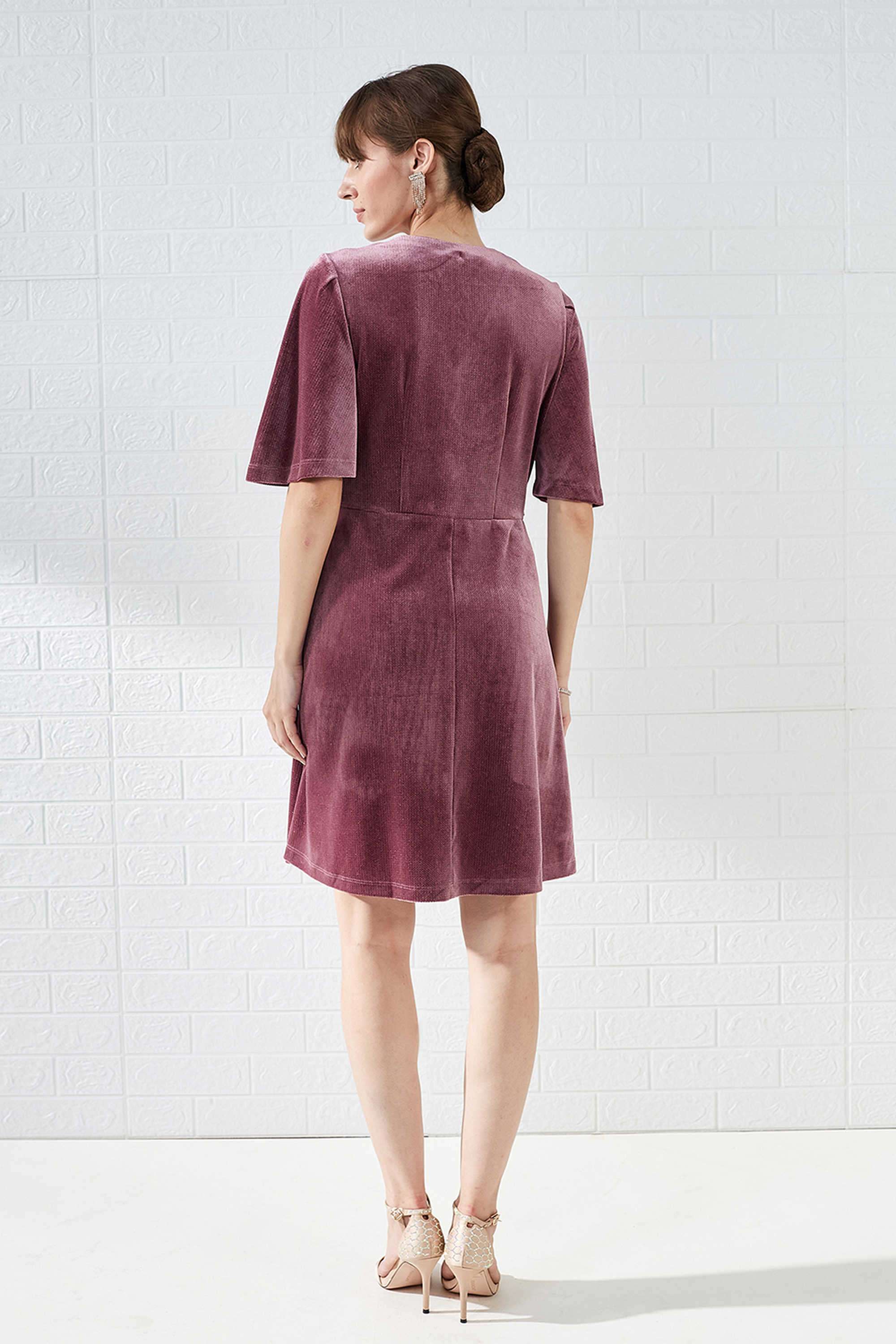 Solid-Polyester-V-Neck-Women-s-Dress